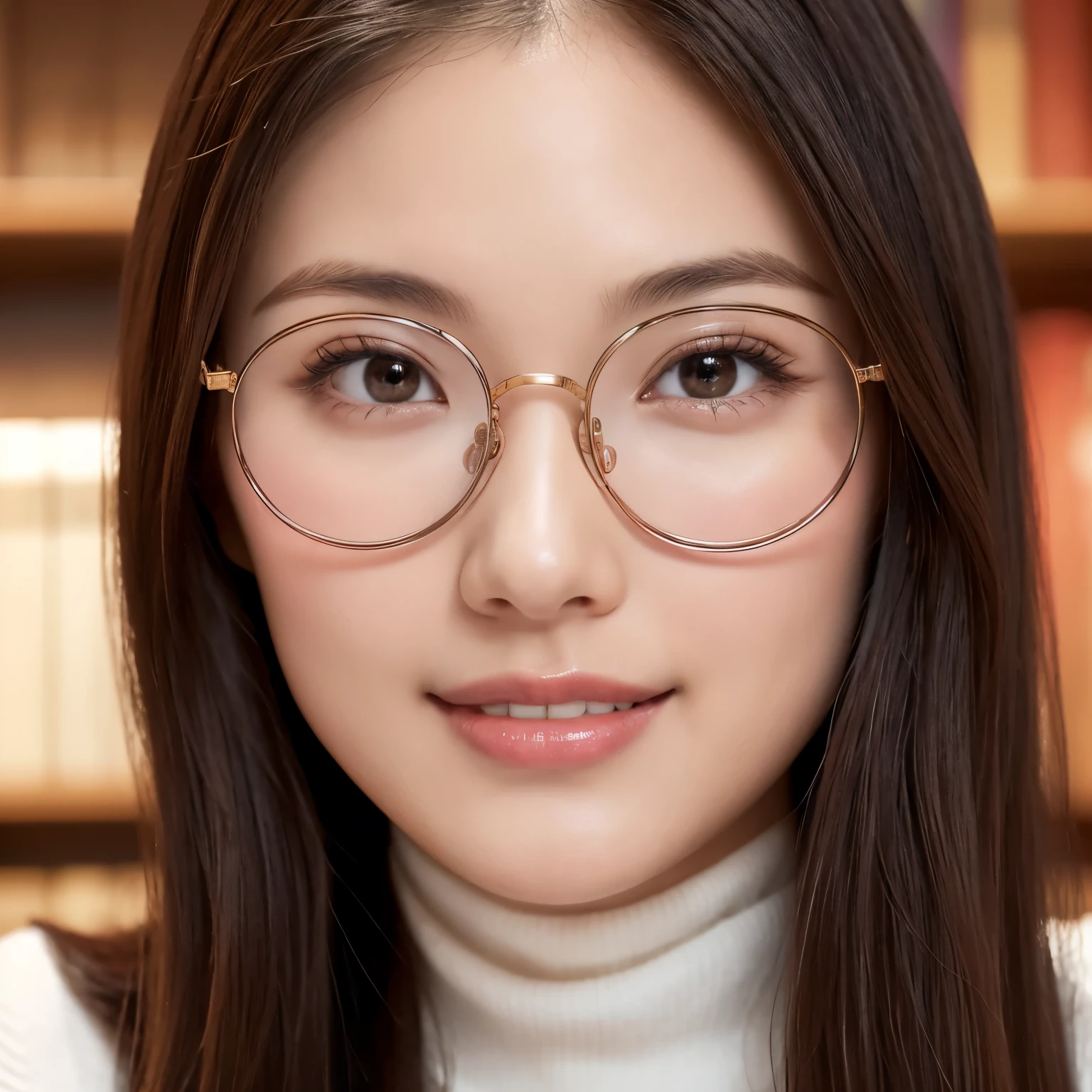 (highest quality、table top、8k、best image quality、Award-winning work)、one beautiful woman、25 years old、alone、perfect beautiful composition、perfect fit、(close up of face:1.3)、(emphasize body line:1.1)、(Perfect Turtleneck Sleeveless Knit Sweater:1.2)、(Perfect and precise turtleneck sleeveless knit sweater:1.1)、(very big breasts:1.1)、Tight mini skirt made of elegant melton fabric、(Perfect round elegant round glasses:1.2)、slender body、elegant medium hair、smile looking at me、(strongly blurred library background:1.1)、standing gracefully in the library、perfect and accurate bookshelf、The most natural and perfect library interior、natural makeup、Ultra high definition beauty face、ultra high definition hair、Super high-definition sparkling eyes、(Shining ultra-high definition beautiful skin:1.1)、Super high resolution glossy lips、accurate anatomy、ultra high definition hair、(closed lips:1.1)