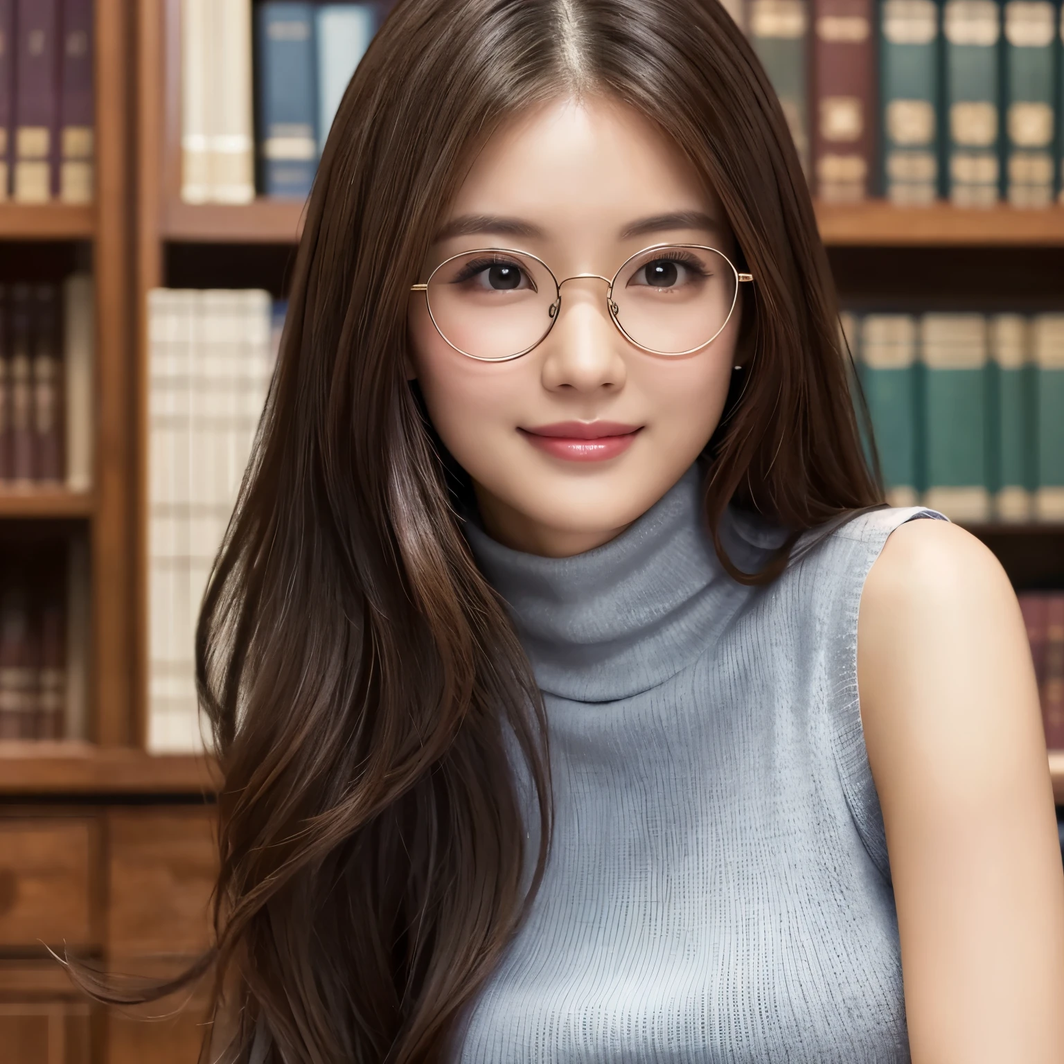 (highest quality、table top、8k、best image quality、Award-winning work)、one beautiful woman、25 years old、alone、perfect beautiful composition、perfect fit、(close up of face:1.3)、(emphasize body line:1.1)、(Perfect Turtleneck Sleeveless Knit Sweater:1.2)、(Perfect and precise turtleneck sleeveless knit sweater:1.1)、(very big breasts:1.1)、Tight mini skirt made of elegant melton fabric、(Perfect round elegant round glasses:1.2)、slender body、elegant medium hair、smile looking at me、(strongly blurred library background:1.1)、standing gracefully in the library、perfect and accurate bookshelf、The most natural and perfect library interior、natural makeup、Ultra high definition beauty face、ultra high definition hair、Super high-definition sparkling eyes、(Shining ultra-high definition beautiful skin:1.1)、Super high resolution glossy lips、accurate anatomy、ultra high definition hair、(closed lips:1.1)