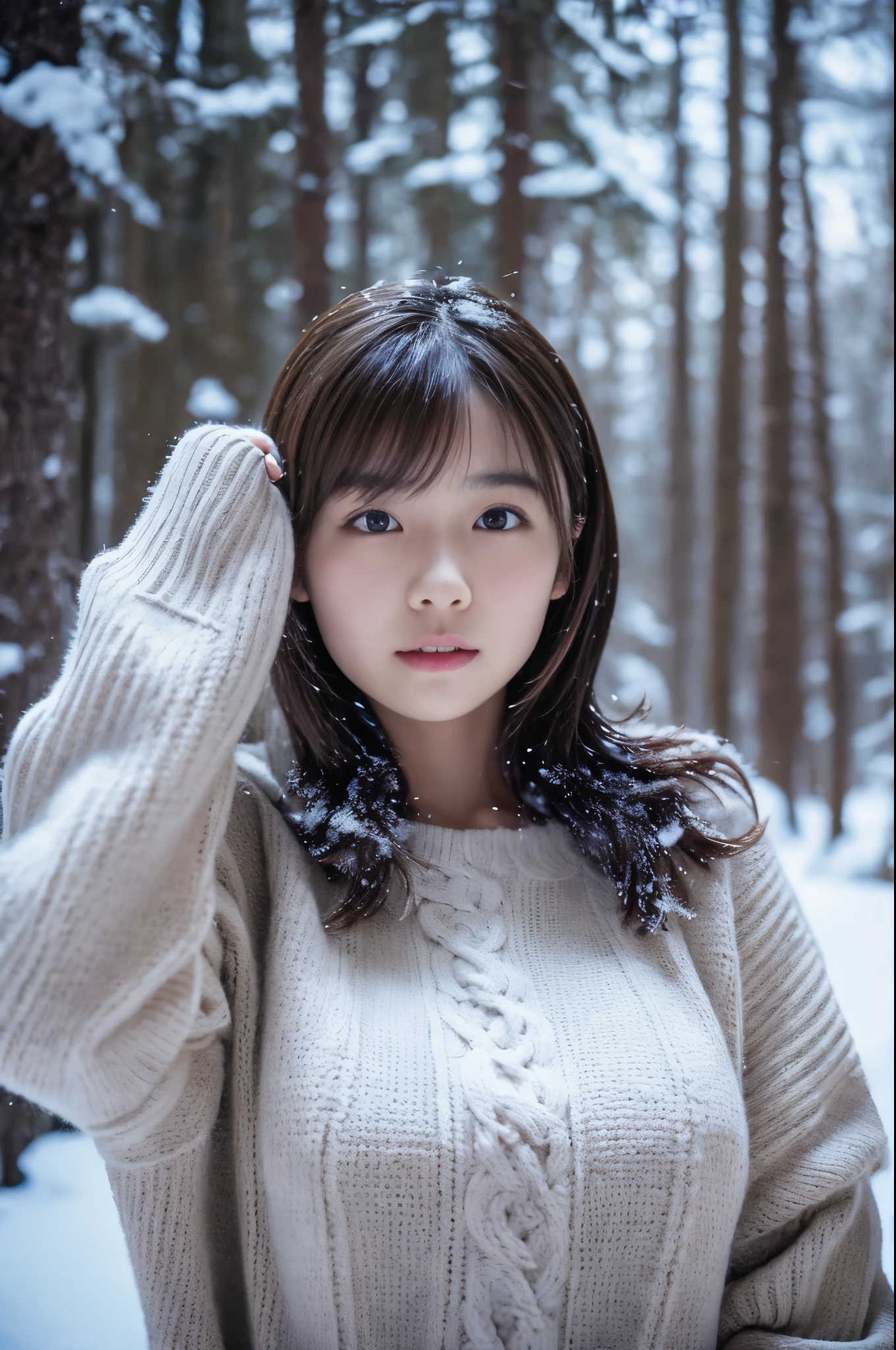in the snowy forest, japanese girl, winter knit sweater, Yuki, pupils shine, brown short hair, big breasts, realistic portrait, depth of field, f/1.8, anatomically correct, rough skin, Super detailed, advanced details, high quality, Super detailed, advanced details, high quality, 最high quality, High resolution