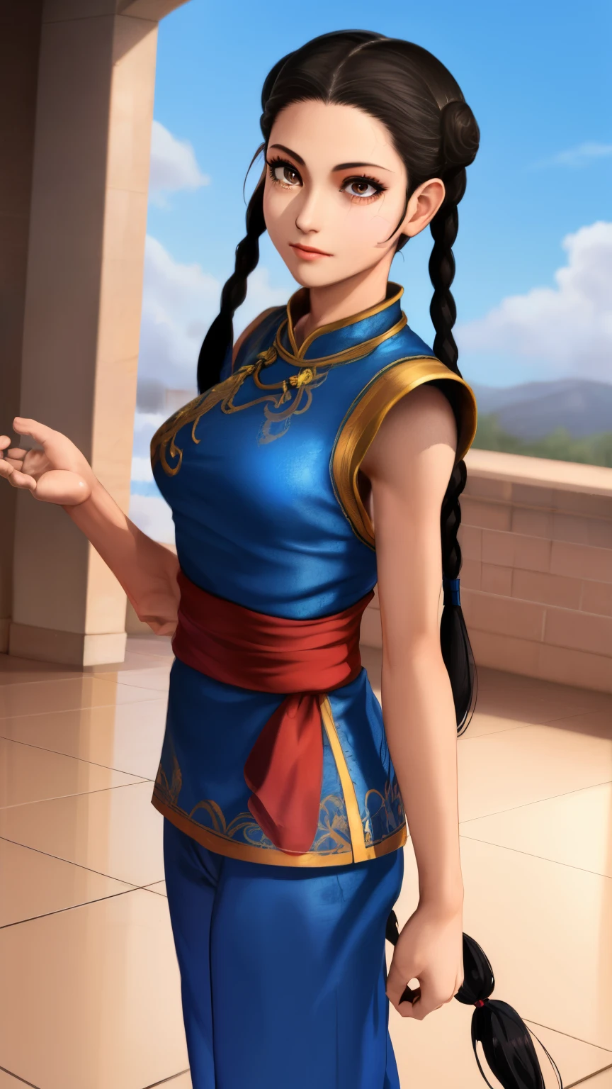 Pai-chan, Twin braids with blue ribbon, brown eyes, double good,black hair,Are standing, alone , Upper body,  combat readiness, 
paiati,blue cheongsam, red obi, pants, No sleeve,
marble floor, blue sky, cloudy, evening,
(Extremely detailed, beautiful and detailed face, masterpiece, highest quality)    