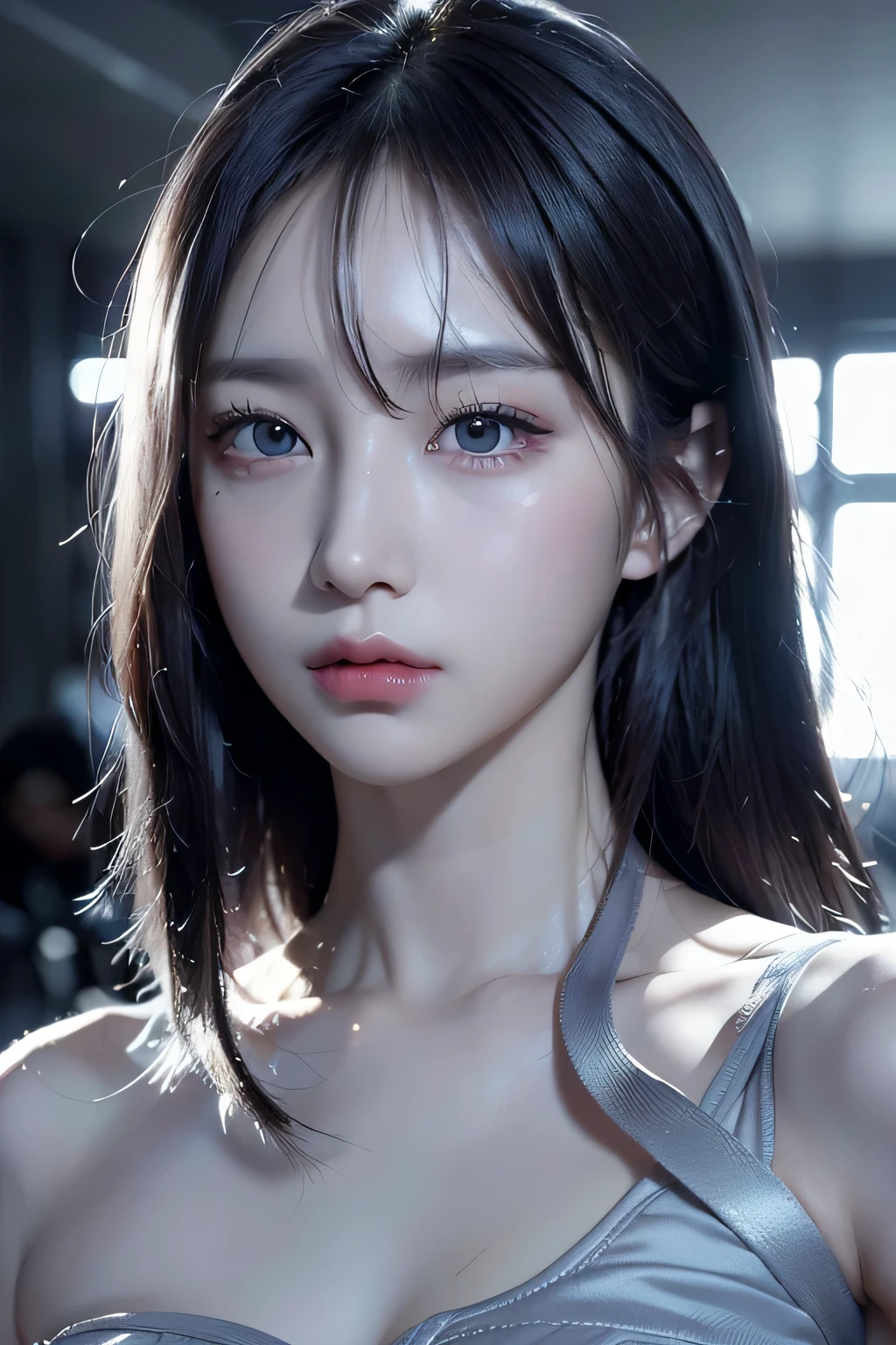 ８ｋ、haute résolution、mode punk、Belle fille、Corps Android、jeune、peau blanche,、Yeux étroits,nez haut,éclairage qui éclaire le visage、image claire、Beauté intellectuelle、maigre、Sans maquillage、regard anxieux、éclairage qui éclaire le visage,cheveux brillants、paupière unique,yeux bleus