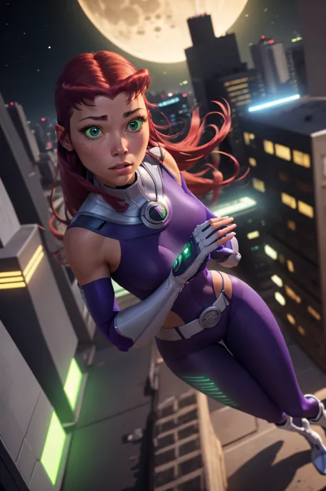 starfire-teen titans, orange skin, solo, red hair, gloves, 1girl, action shot, girl focus, boots, belt, abs, skin tight, realist...