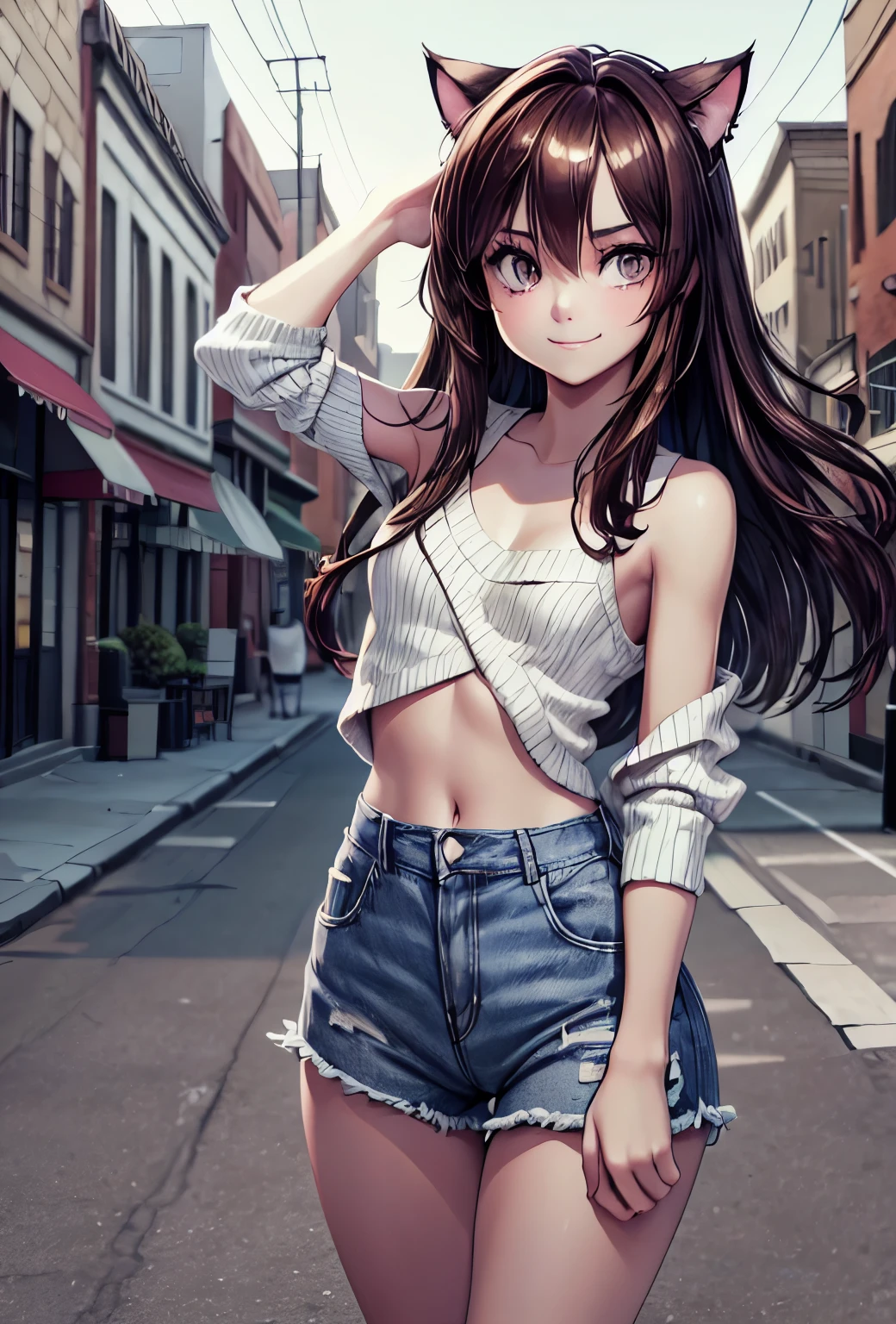 solo, sly smile, very long disheveled brown hair with a dark purple tint, Young girl, perfect brown eyes, expressive eyes, looking at viewer, 8k wallpaper, perfect lighting, masterpiece, (Beautiful small Breasts:1.2), (slender girl), bangs between the eyes, (on the street in small town:1.3), summer day, band on the head in the form of cat ears, denim low-waist microshort, loose cropped sweater with open shoulders, parororo