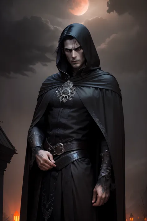 dark man, evil lord, black disheveled hair, black exquisite cloak, piercing glowing green eyes, menacing expression on his face,...