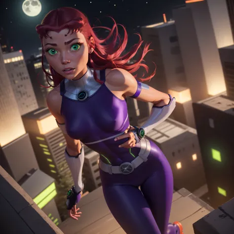 starfire-teen titans, orange skin, solo, red hair, gloves, 1girl, action shot, girl focus, boots, belt, abs, skin tight, realist...