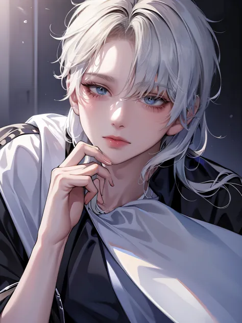 One Beautiful Boy、Hairstyle with light golden color and black end color、Light blue colorcon、small face、anime makeup、"A man with a cute and androgynous face"、white skin、cute eyes、Very thin eyebrows、tall、stylish black gothic fashion、long sleeves long pants、W...