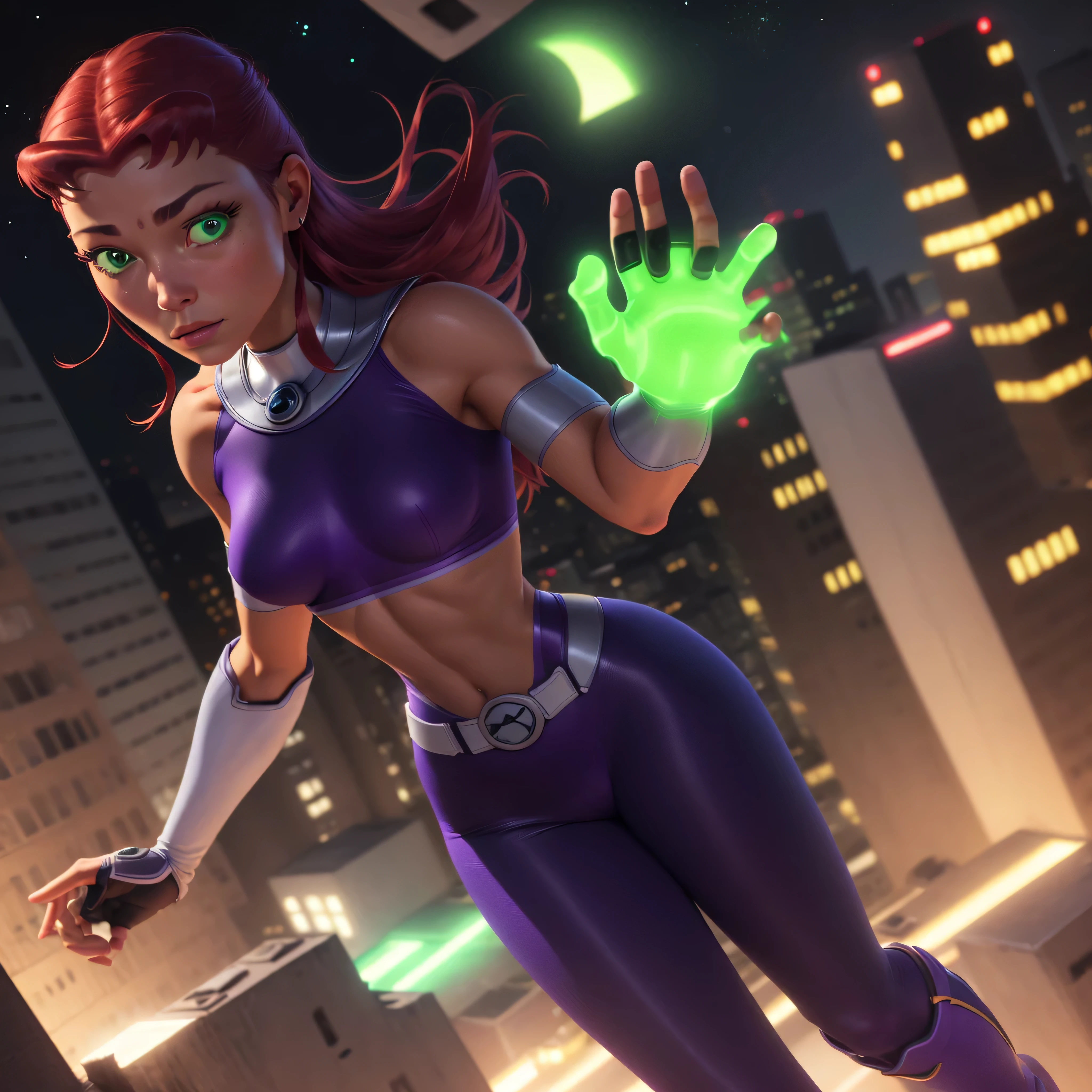 Starfire-Teen Titans, orange skin, solo, red hair, gloves, 1girl, action shot, girl focus, boots, belt, abs, skin tight, realistic, superhero, spandex, (bodysuit), green eyes, detailed eyes, city, night, moon, ultra realistic,32k,RAW photo,(high detailed skin:1.2), 8k uhd, dslr, soft lighting, high quality, film grain, GLOWING GREEN HANDS, hovering in the sky, photo-realistic, octane render, unreal engine, ultra-realistic