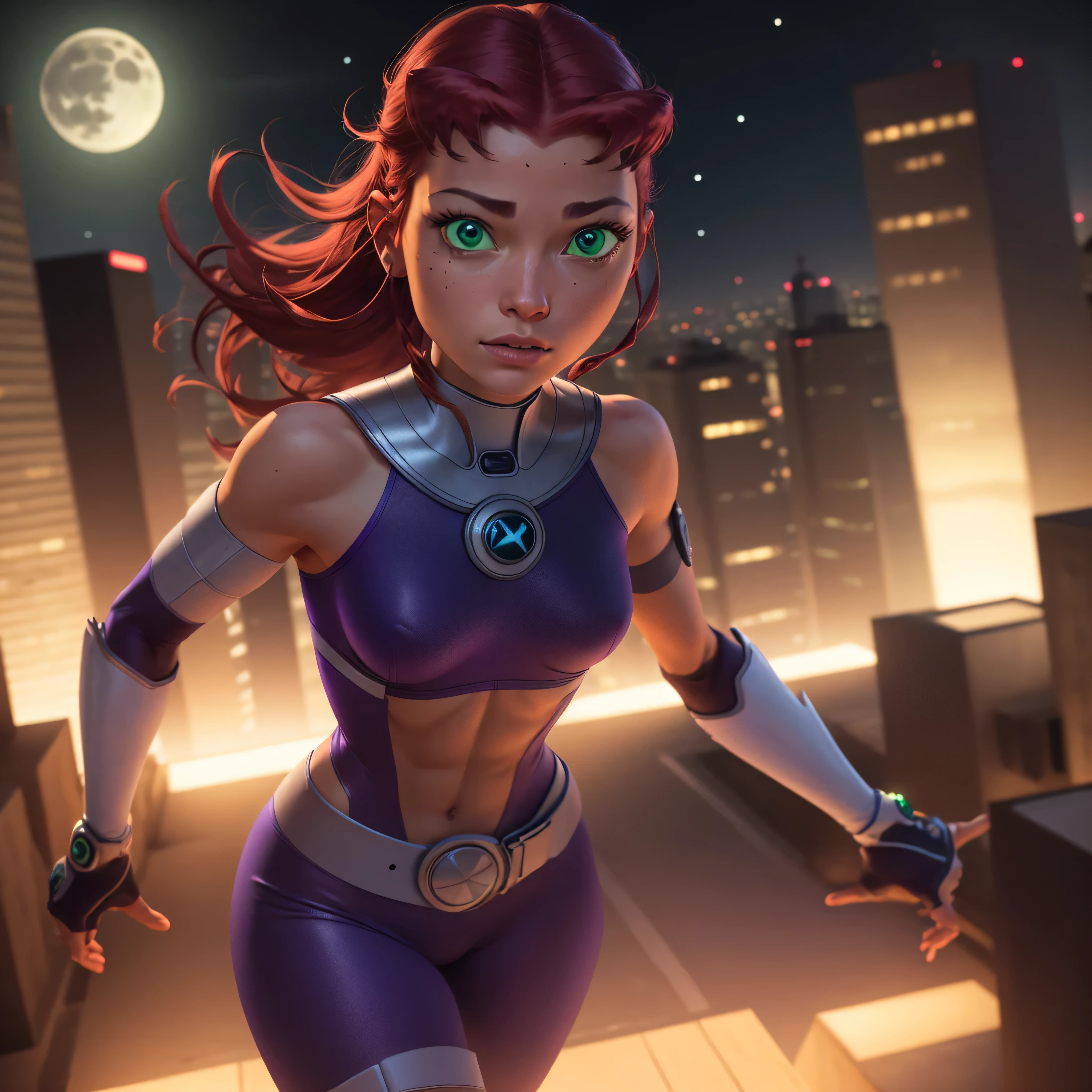 A woman in a purple outfit is running through a city - SeaArt AI