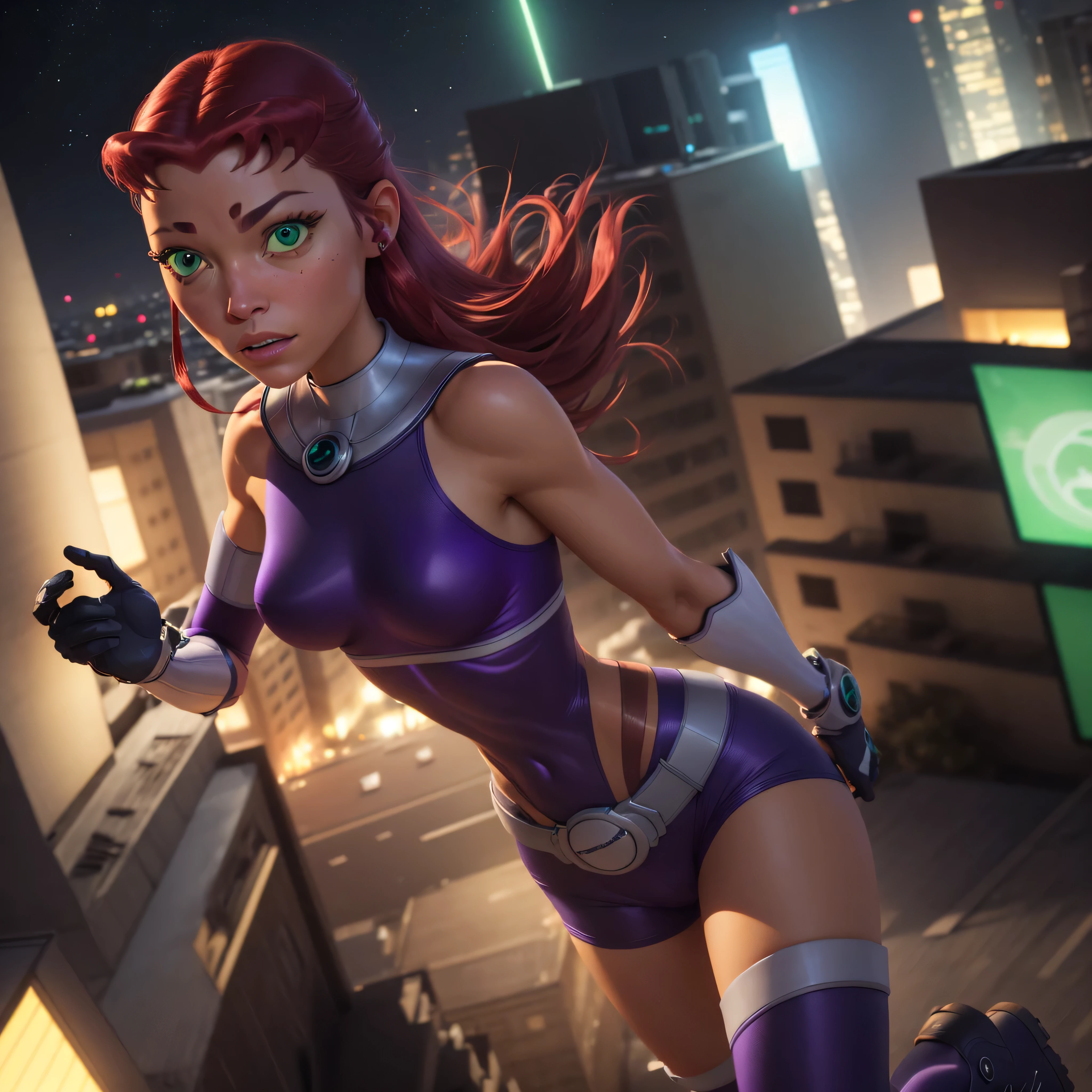 Starfire-Teen Titans, orange skin, solo, red hair, gloves, 1girl, action shot, girl focus, boots, belt, abs, skin tight, realistic, superhero, spandex, (bodysuit), green eyes, detailed eyes, city, night, moon, ultra realistic,32k,RAW photo,(high detailed skin:1.2), 8k uhd, dslr, soft lighting, high quality, film grain, GLOWING GREEN HANDS, hovering in the sky, photo-realistic, octane render, unreal engine, ultra-realistic