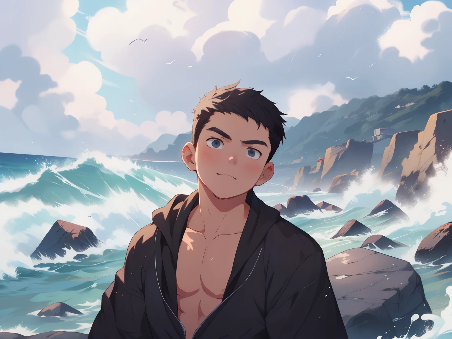 8K UHD,Cinematic Lighting,(Anime style art),high quality,best quality,masterpiece,beautiful day,sea,clouds,beach,stone,1boy,cute,short hair,face detail,