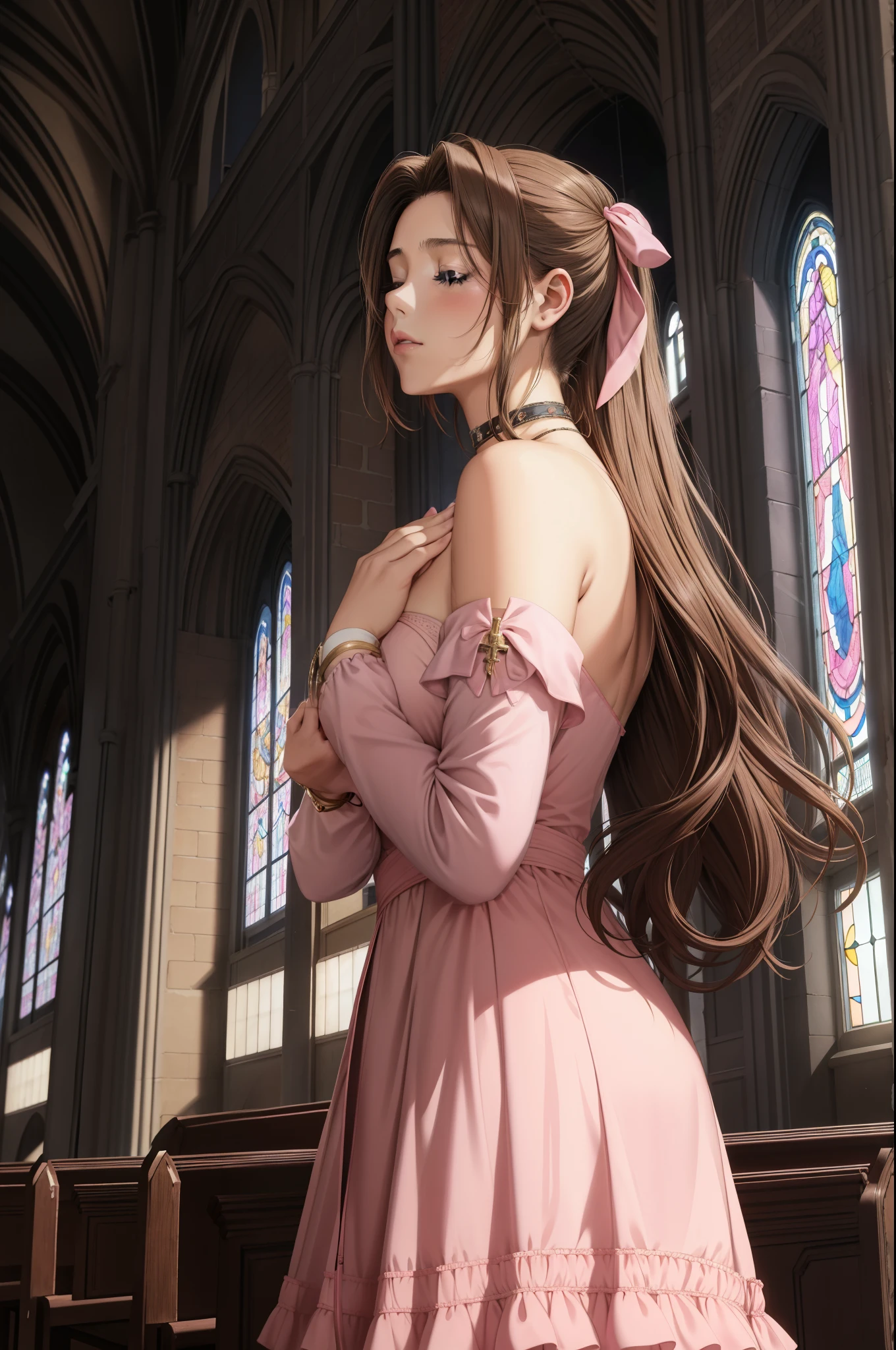 Anime girl in pink dress standing in front of a church - SeaArt AI