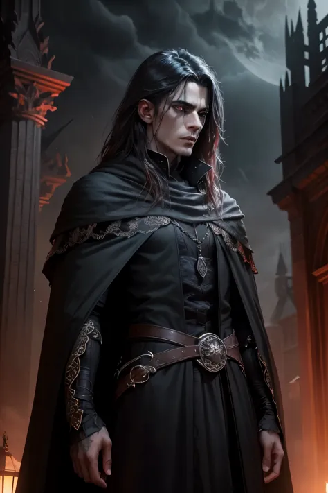 dark man, evil lord, master, black disheveled hair, black exquisite cloak, piercing green eyes, menacing expression on his face,...