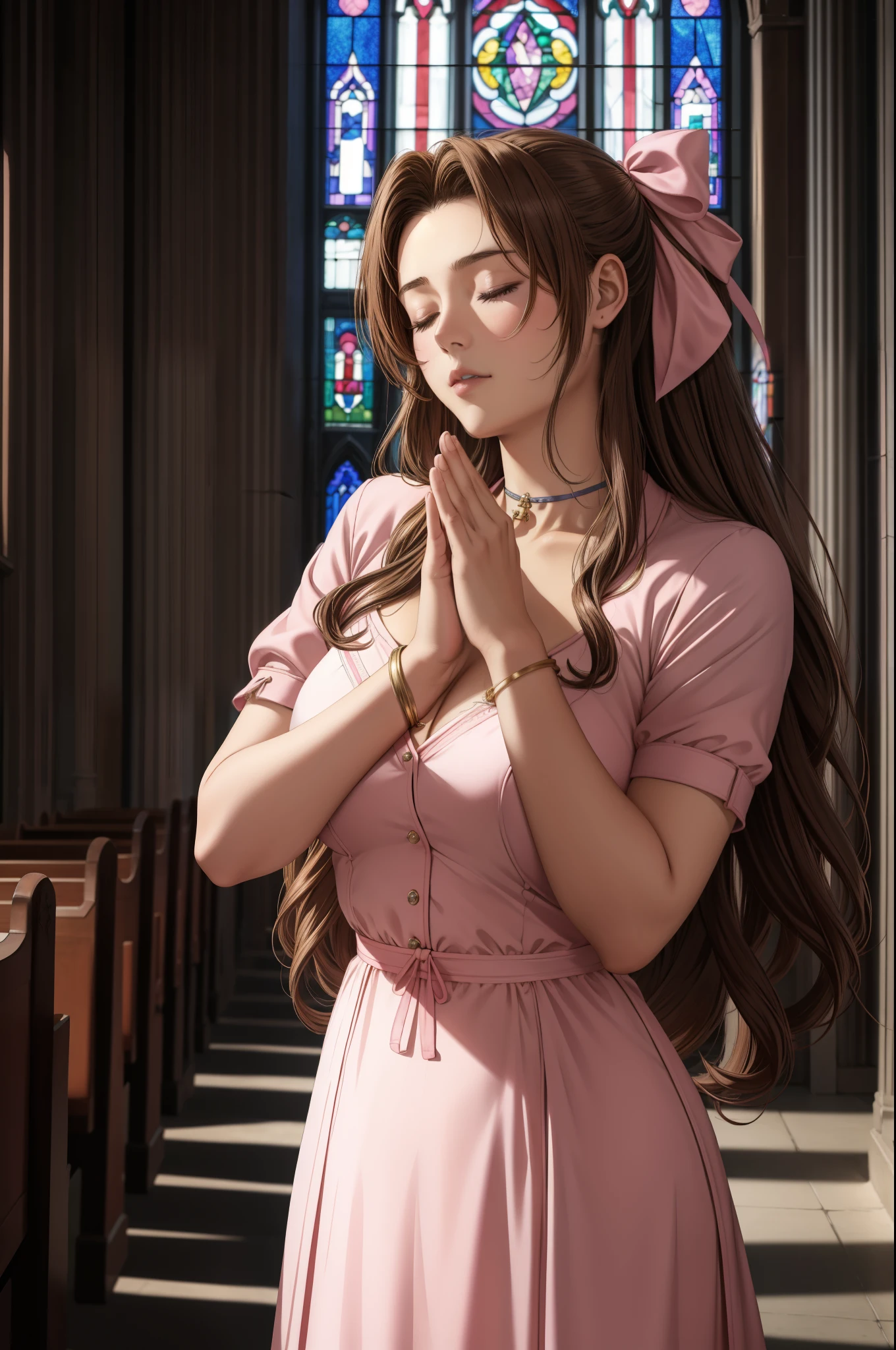 masterpiece, highest quality, Aerith Gainsbourg, choker, cropped jacket, hair ribbon, bracelet, pink dress, looking at the viewer, leaning forward, with closed eyes, closed mouth, With hands folded in a prayer pose、Inside the church, Inside the chapel, stained glass window, The composition is bathed in light from the ceiling.