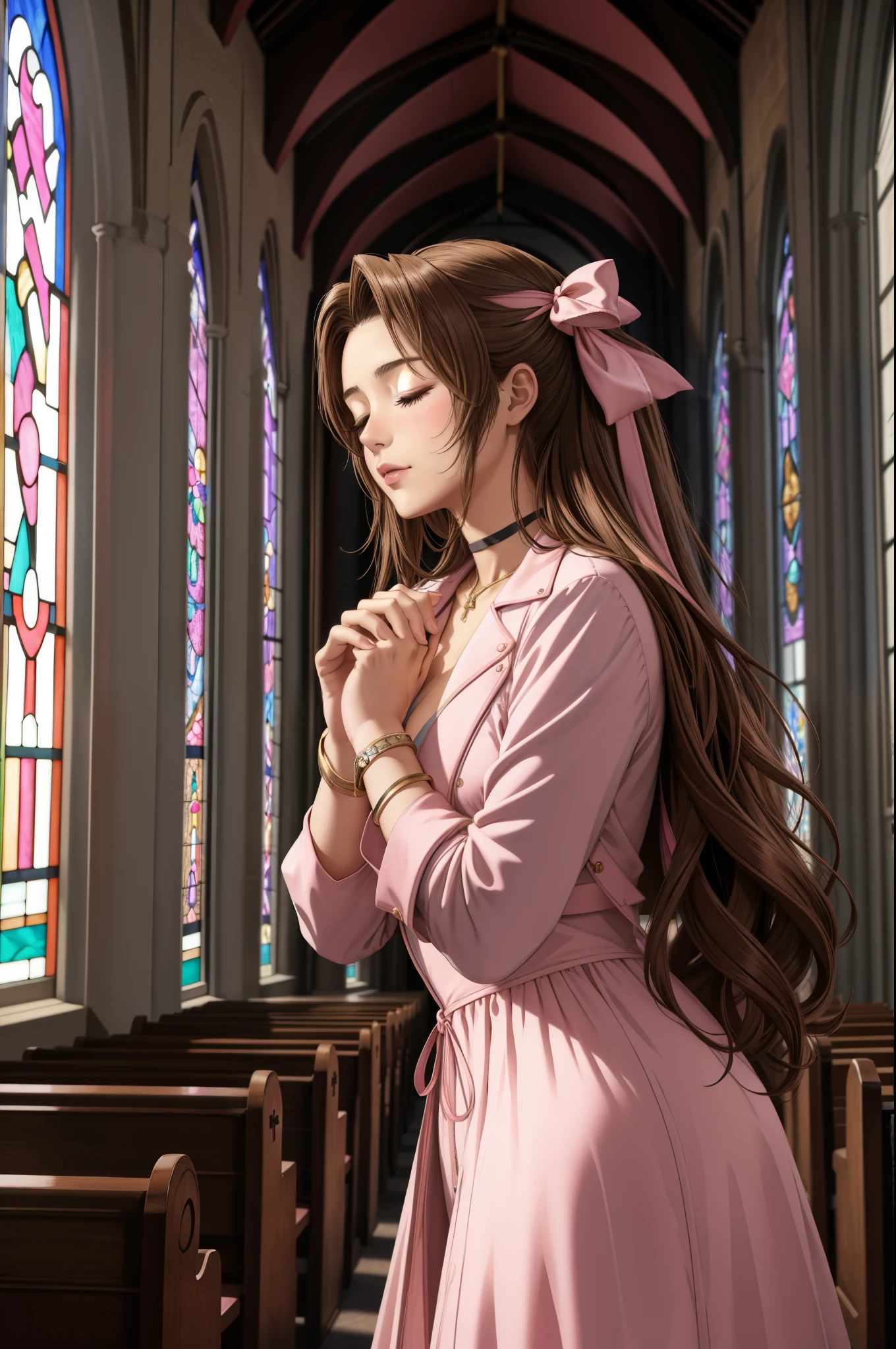 masterpiece, highest quality, Aerith Gainsbourg, choker, cropped jacket, hair ribbon, bracelet, pink dress, looking at the viewer, leaning forward, with closed eyes, closed mouth, With hands folded in a prayer pose、Inside the church, Inside the chapel, stained glass window, The composition is bathed in light from the ceiling.