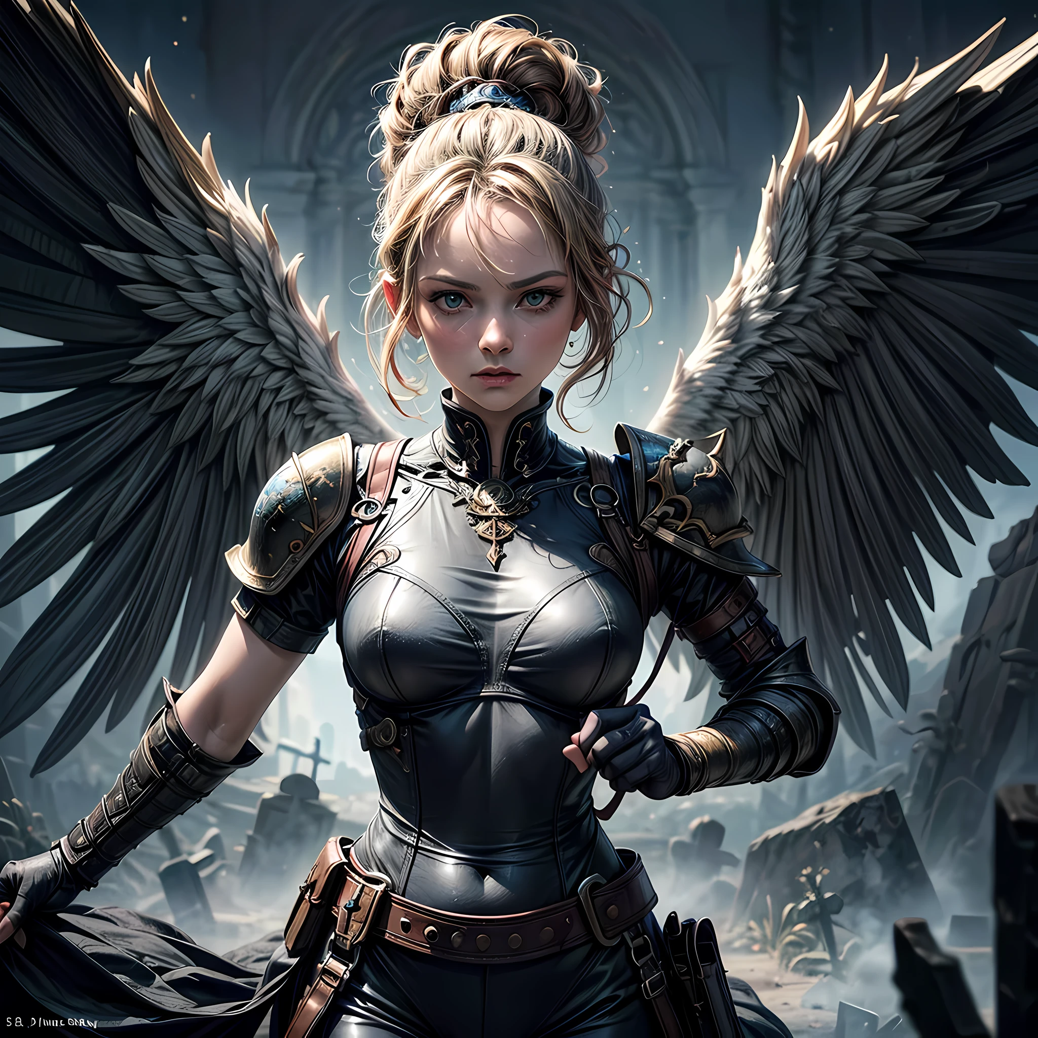 16K, ultra detailed, masterpiece, best quality, (extremely detailed), arafed, dnd art, portrait, full body, aasimar, female, (Masterpiece 1.3, intense details), female, paladin, holy warrior fighting undead (Masterpiece 1.3, intense details) large angelic wings, white angelic wings spread (Masterpiece 1.3, intense details), dark fantasy cemetery background, moon light, moon, stars, clouds, wearing white armor (Masterpiece 1.3, intense details), holy symbol, armed with sword, short blond hair, masculine, detailed face, (Masterpiece 1.5, best quality), anatomically correct (Masterpiece 1.3, intense details), angel_wings, determined face, god rays, cinematic lighting, glowing light, silhouette, from outside, photorealism, panoramic view  (Masterpiece 1.3, intense details) , Wide-Angle, Ultra-Wide Angle, 8k, highres, best quality, high details