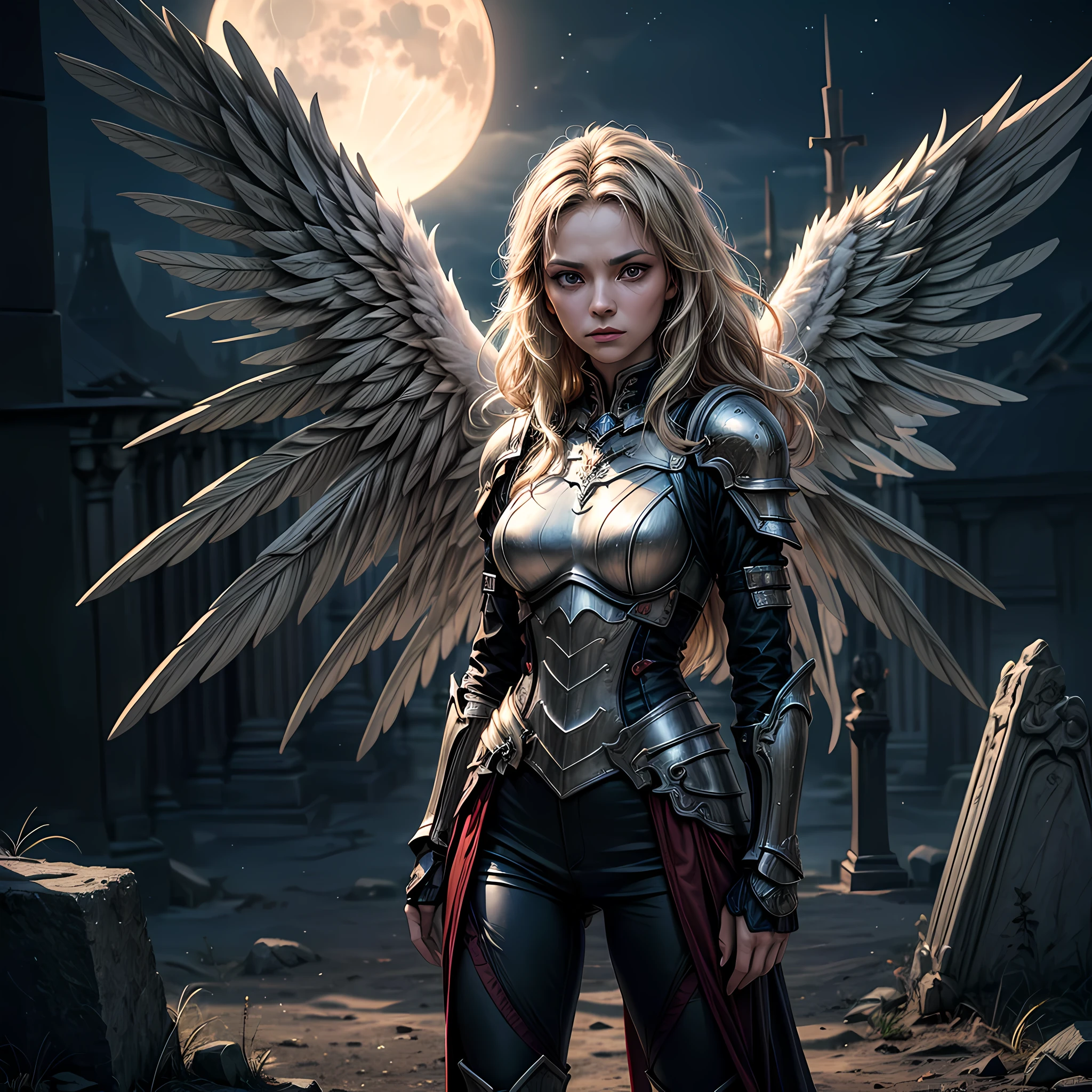 16K, ultra detailed, masterpiece, best quality, (extremely detailed), arafed, dnd art, portrait, full body, aasimar, female, (Masterpiece 1.3, intense details), female, paladin, holy warrior fighting undead (Masterpiece 1.3, intense details) large angelic wings, white angelic wings spread (Masterpiece 1.3, intense details), dark fantasy cemetery background, moon light, moon, stars, clouds, wearing white armor (Masterpiece 1.3, intense details), holy symbol, armed with sword, short blond hair, masculine, detailed face, (Masterpiece 1.5, best quality), anatomically correct (Masterpiece 1.3, intense details), angel_wings, determined face, god rays, cinematic lighting, glowing light, silhouette, from outside, photorealism, panoramic view  (Masterpiece 1.3, intense details) , Wide-Angle, Ultra-Wide Angle, 8k, highres, best quality, high details