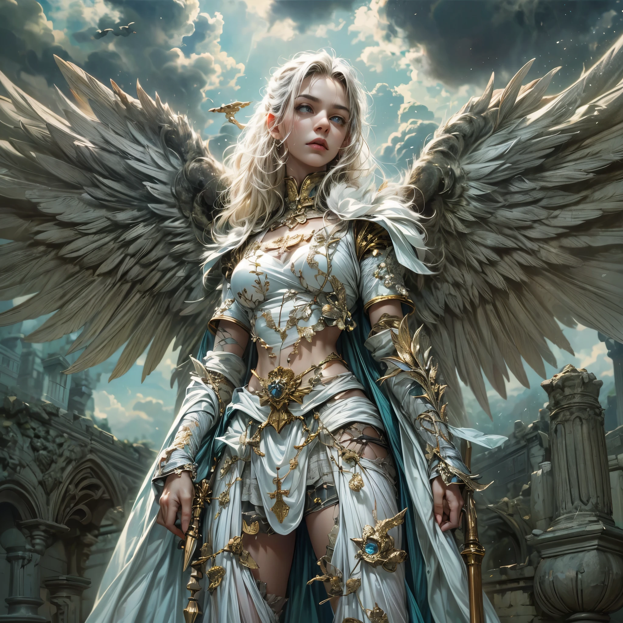 16K, ultra detailed, masterpiece, best quality, (extremely detailed), arafed, dnd art, portrait, full body, aasimar, female, (Masterpiece 1.3, intense details), female, paladin, holy warrior fighting undead (Masterpiece 1.3, intense details) large angelic wings, white angelic wings spread (Masterpiece 1.3, intense details), dark fantasy cemetery background, moon light, moon, stars, clouds, wearing white armor (Masterpiece 1.3, intense details), holy symbol, armed with sword, short blond hair, masculine, detailed face, (Masterpiece 1.5, best quality), anatomically correct (Masterpiece 1.3, intense details), angel_wings, determined face, god rays, cinematic lighting, glowing light, silhouette, from outside, photorealism, panoramic view  (Masterpiece 1.3, intense details) , Wide-Angle, Ultra-Wide Angle, 8k, highres, best quality, high details