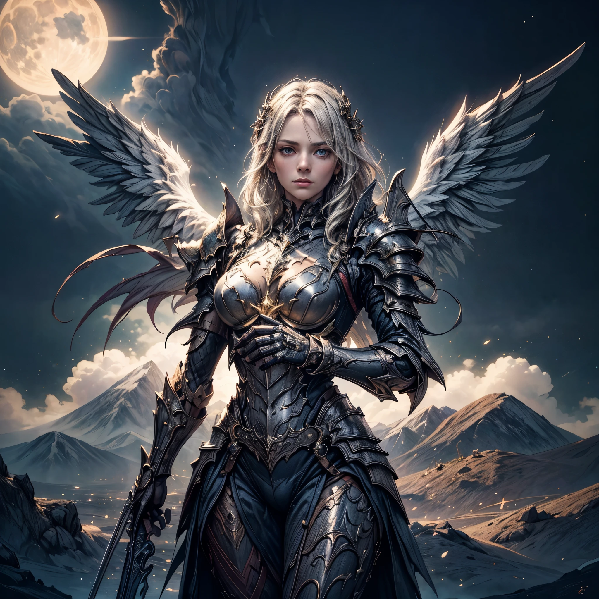 16K, ultra detailed, masterpiece, best quality, (extremely detailed), arafed, dnd art, portrait, full body, aasimar, female, (Masterpiece 1.3, intense details), female, paladin, holy warrior fighting undead (Masterpiece 1.3, intense details) large angelic wings, white angelic wings spread (Masterpiece 1.3, intense details), dark fantasy cemetery background, moon light, moon, stars, clouds, wearing white armor (Masterpiece 1.3, intense details), holy symbol, armed with sword, short blond hair, masculine, detailed face, (Masterpiece 1.5, best quality), anatomically correct (Masterpiece 1.3, intense details), angel_wings, determined face, god rays, cinematic lighting, glowing light, silhouette, from outside, photorealism, panoramic view  (Masterpiece 1.3, intense details) , Wide-Angle, Ultra-Wide Angle, 8k, highres, best quality, high details