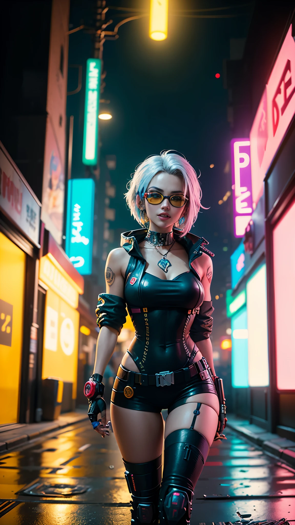 (1 chica cyberpunk con un colorido traje pop estilo Harajuku)), ((((lentes de ojo de pez)))), tiro de vaquero, viento, pelo despeinado, ((Paisaje urbano de Cyberpunk 2077)), (Cyberpunk aesthetics and atmosphere:1.3), (Blade Runner), colores brillantes, sonriente, ((cinematic lighting))