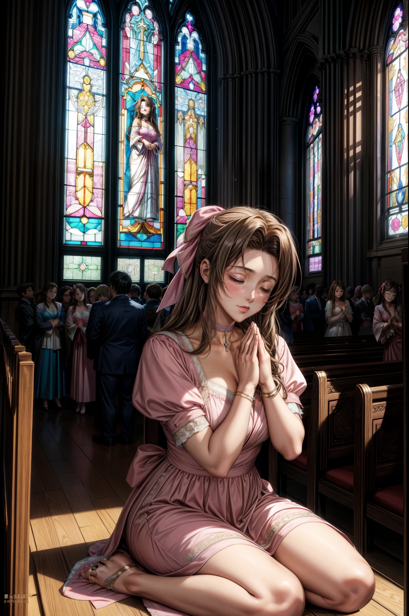 masterpiece, highest quality, Aerith Gainsbourg, choker, cropped jacket, hair ribbon, bracelet, pink dress, looking at the viewer, leaning forward, with closed eyes, closed mouth, With hands folded in a prayer pose、Inside the church, Inside the chapel, stained glass window, The composition is bathed in light from the ceiling.