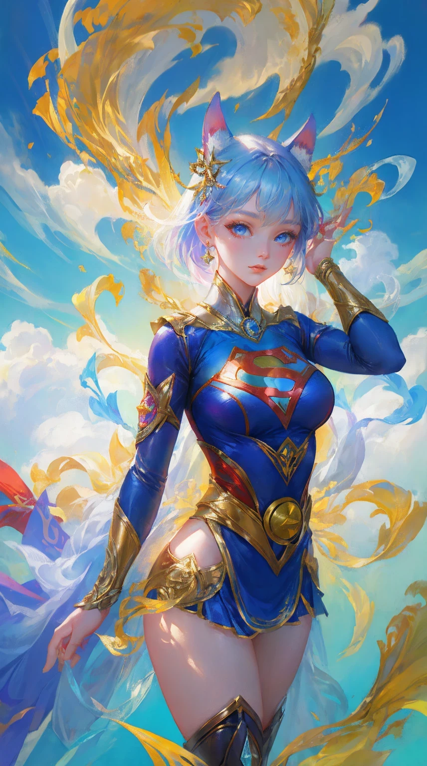 game character, East Asian original art character design, 1 girl, alone,[:(gradient background:1.5):40],full body lesbian, big breasts, Supergirl costume dress