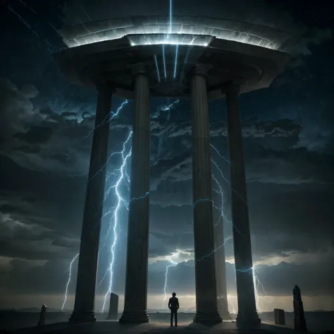 Enlil, the God of Wind and Storm, sits majestically within a futuristic Sumerian temple, the wind howling around him as he raise...