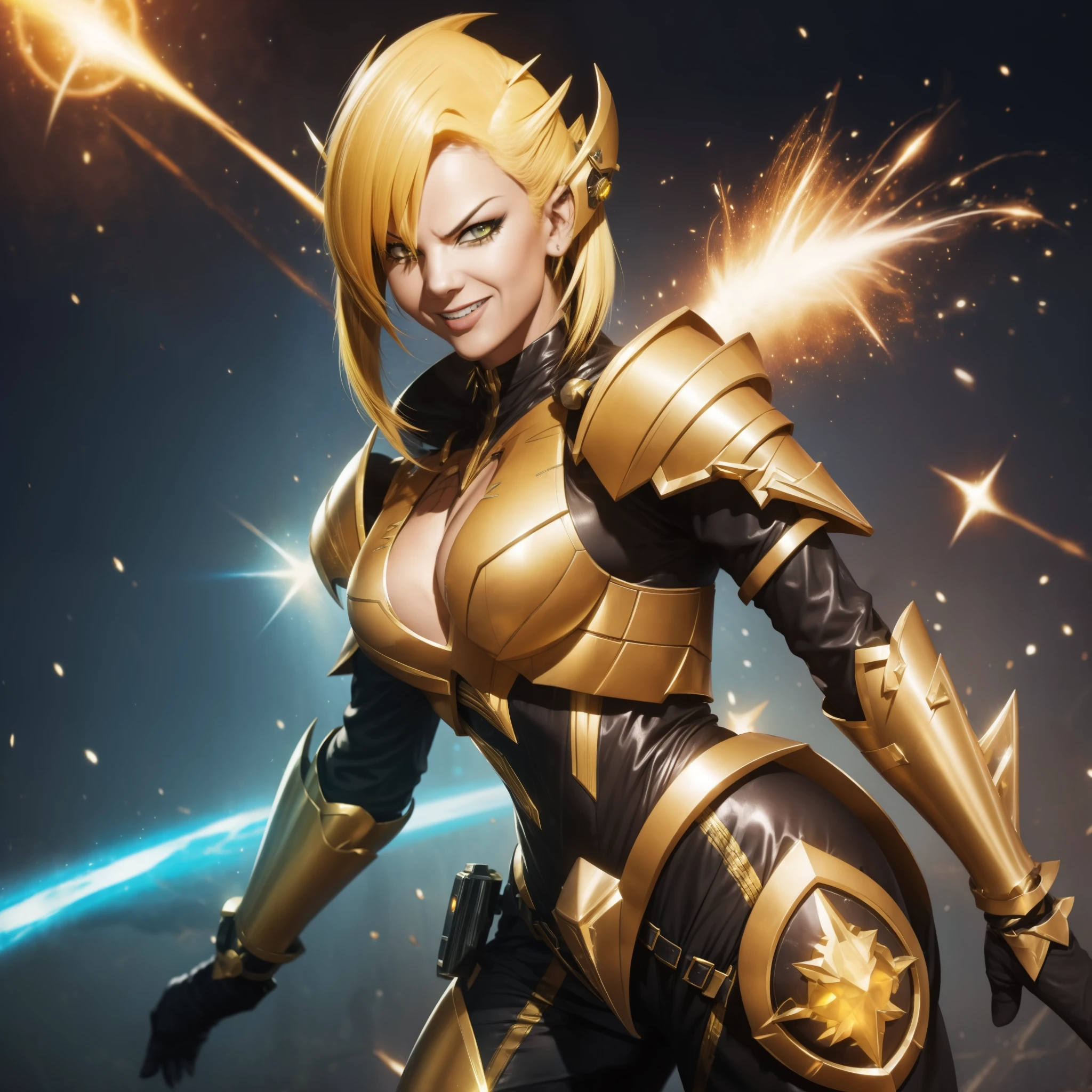 Princesse Armalien en armure avec short, des cheveux jaune vif et des pouvoirs électrisants résident dans une galaxie inexplorée. Son asymétrique, armure dorée stylisée, orné d&#39;éléments de design électriques, brille de mille feux, reflétant sa personnalité méchante. Son sourire séduisant et son rire provocateur accentuent son allure, contrastant avec l&#39;aura intimidante de son armure.