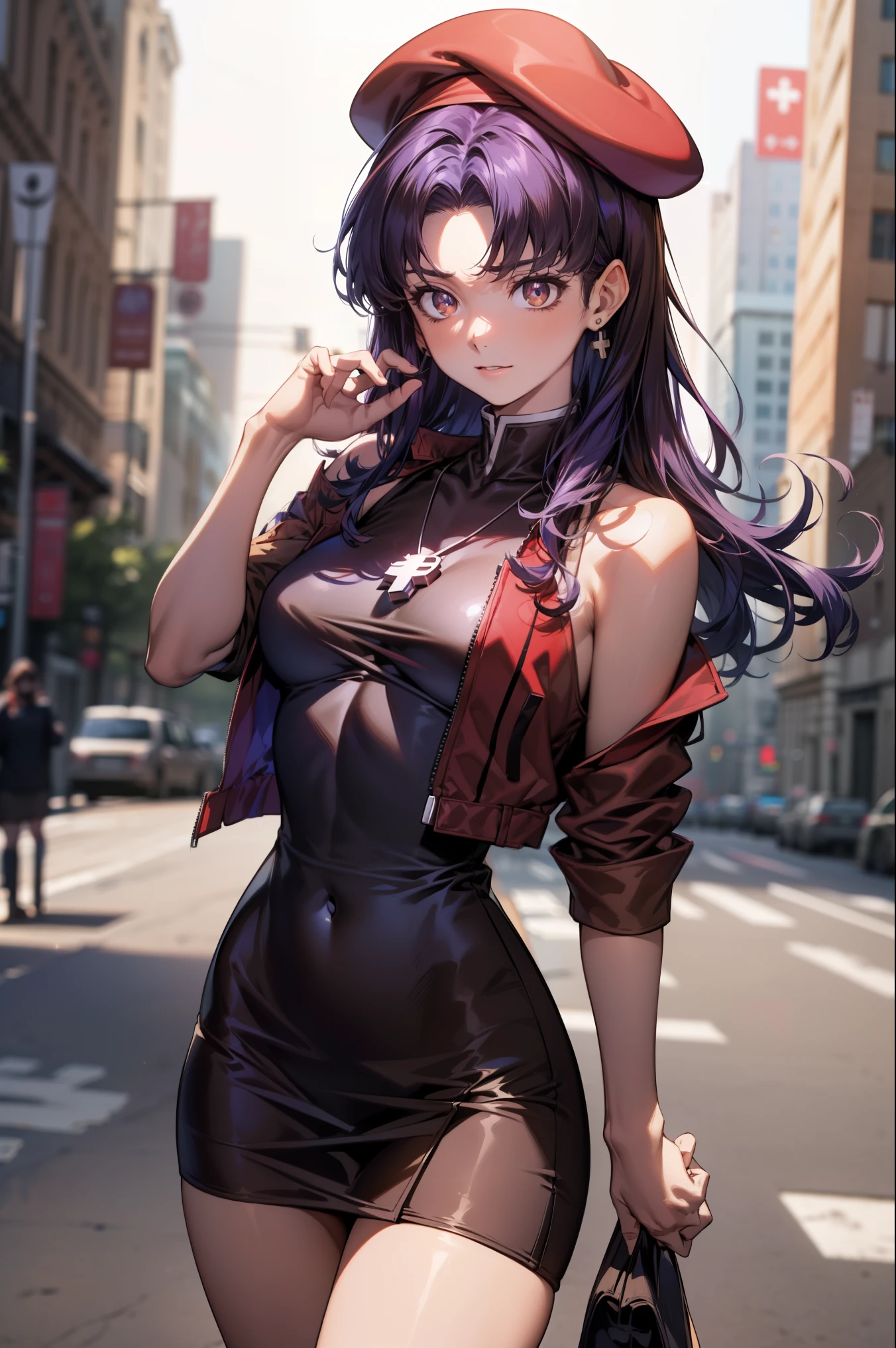 misatokatsuragi, Misato Katsuragi, long hair, (brown eyes:1.5), blue hair, purple hair,
break hat, dress, bare shoulders, jewelry, Jacket, earrings, open clothes, No sleeve, necklace, black dress, open Jacket, No sleeve dress, beret, short dress, cross, red hat, red Jacket, cross necklace, break looking at viewer,
break outdoors, city,
break (masterpiece:1.2), highest quality, High resolution, unity 8k wallpaper, (figure:0.8), (detailed and beautiful eyes:1.6), highly detailed face, perfect lighting, Very detailed CG, (perfect hands, perfect anatomy), ((NFSW))