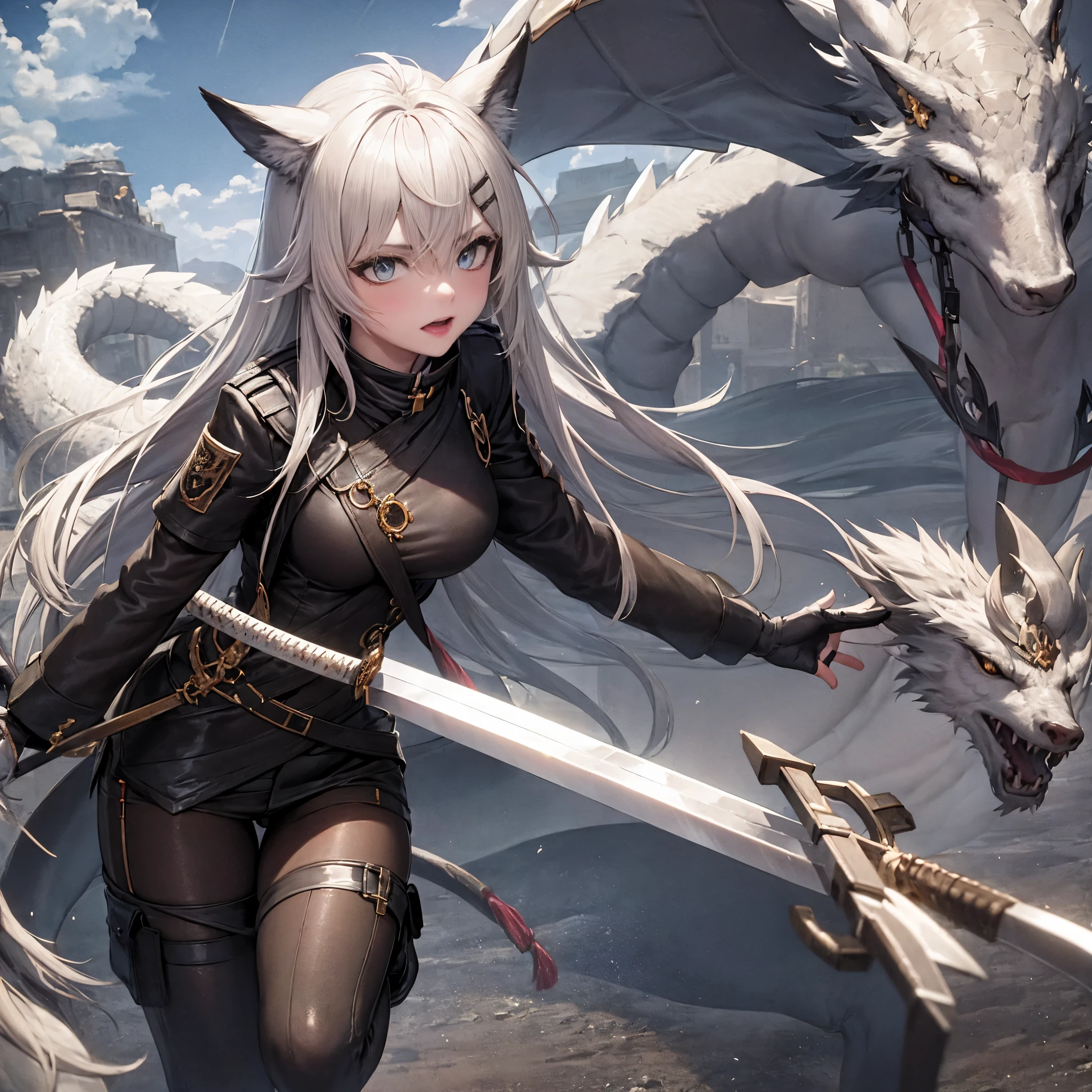 masterpiece, 8k resolution, high quality, high resolution, best quality, extremally detailed, best resolution, absurd resolution, ray tracing, high detailed, masterpiece, extremely detailed,detailed angelic face, shoulder length white hair, female, 2 white fox ears, teenage girl, slime body, white scale dragon tail, military boots,black leggings, military combat pants, black T-shirt, white jacket open, medium size chest, detailed blue eyes,solo female,1 dragon tail, tomboyish, thick dragon tail, white scales, 2 dragon wings, white fluffy dragon wings, detailed face, holding a katana sword,very detailed, amazing details,solo female, 1 female, detailed white fur dragon wings