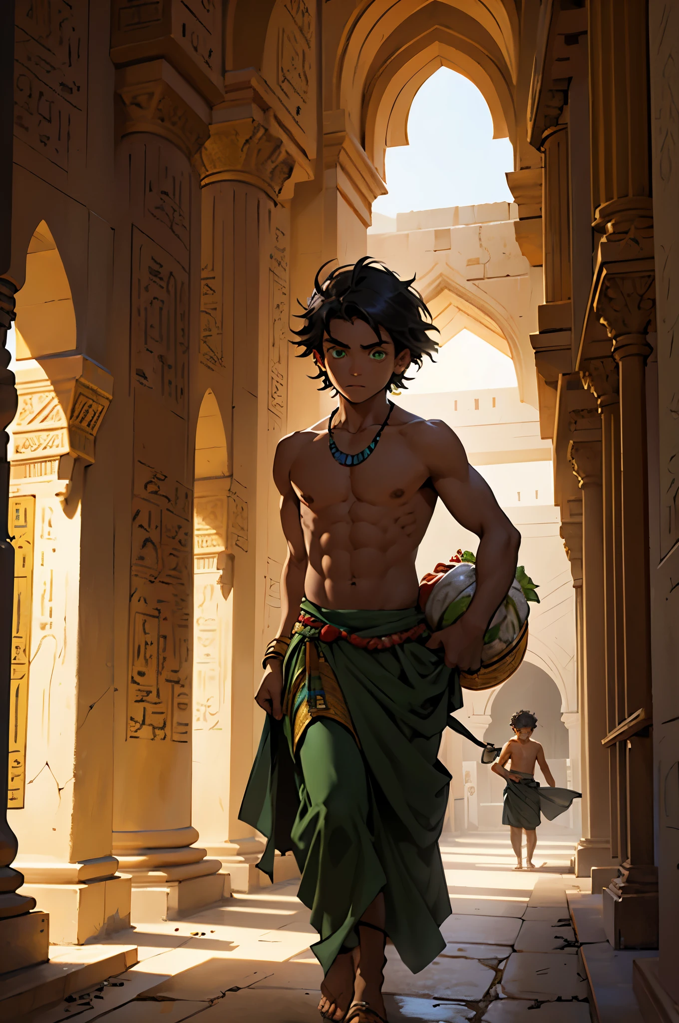古代の豪華なアラブの宮殿のホールと廊下があり、ホールには5歳のホームレスの少年がいます, 放棄された, 貧しい, お腹がすいた, 彼はとても緑色の目をしている, 彼は上半身裸で古代エジプトのスカートをはいている., 