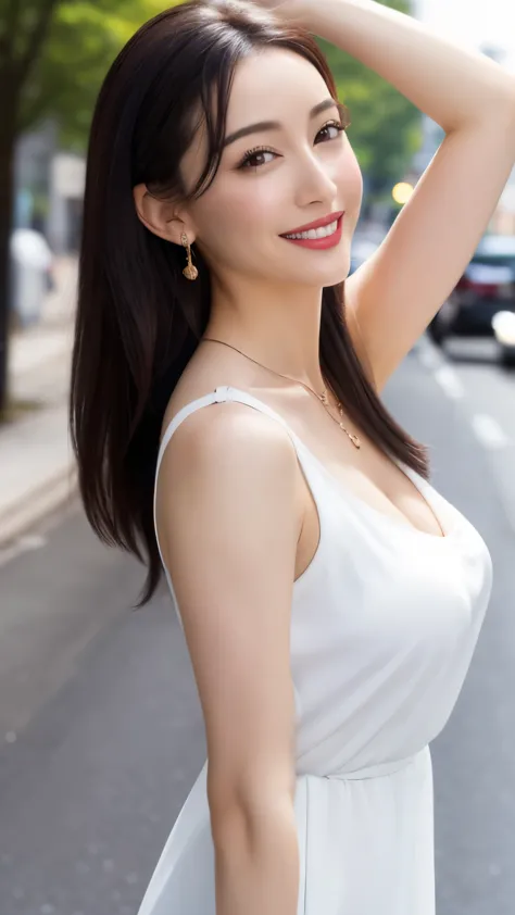 In 8K、超A high resolution、highest quality、table top 、(pretty big breasts、cleavage)(white dress:1.2)、in the street、black hair long...