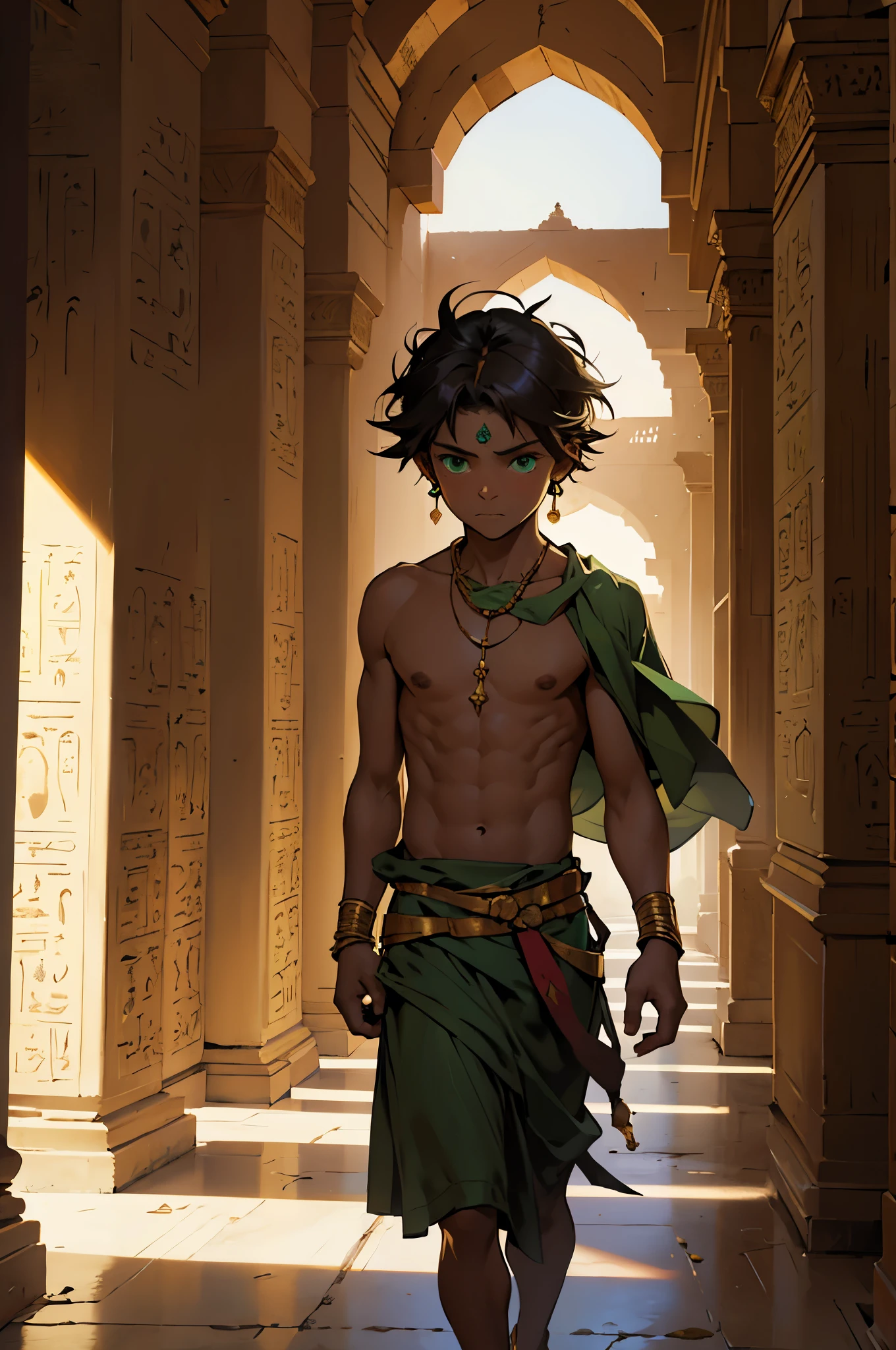 고대부터 호화로운 아랍 궁전의 홀과 복도가 있고 그 홀에는 5살짜리 노숙자 소년이 있습니다., 버려진, 가난한, 배고픈, 그 사람은 아주 녹색 눈을 갖고 있어, 그는 고대 이집트 치마를 입고 셔츠를 입지 않았다., 