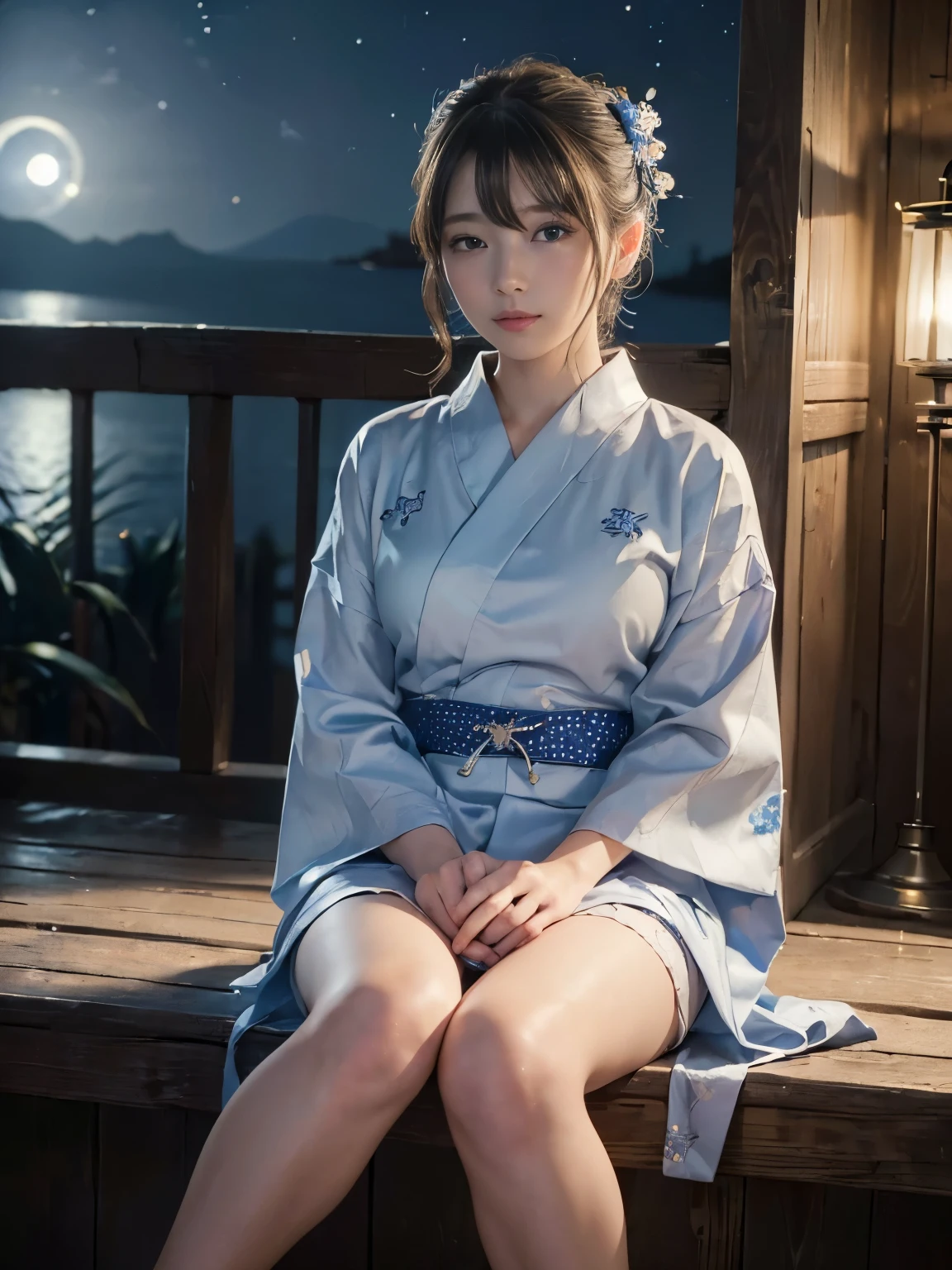 (masterpiece,Super detailed,8k,highest quality:1.5),((So cute)),(moonlight、firefly light:1.3),(blue yukata),beautiful and delicate hands,sitting with knees closed