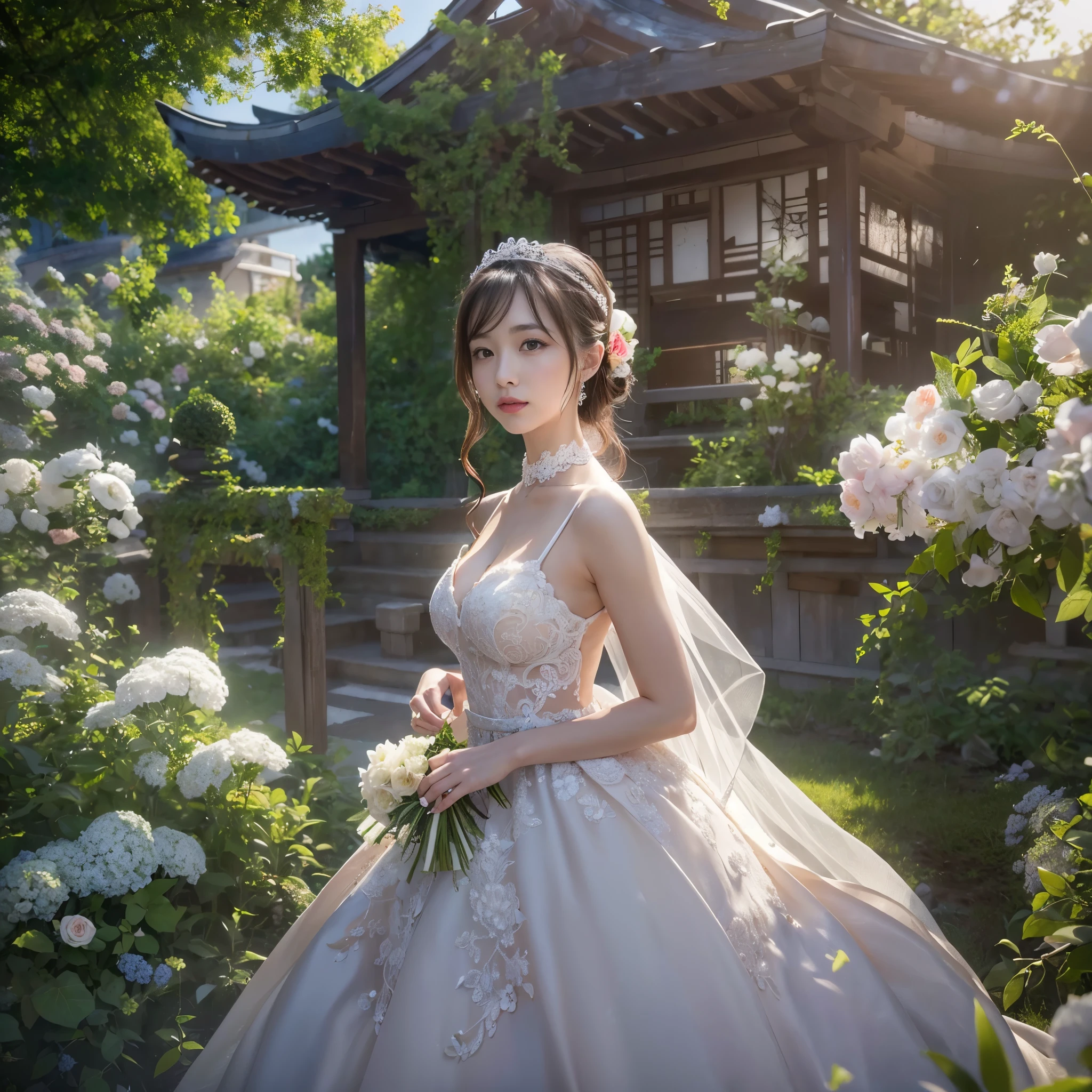 (realistic、Like a photograph、live action、8k, Photoreal, RAW photo, best image quality: 1.4), Single-lens reflex camera、RAW photo, highest quality, realistic, Highly detailed CG Unity 8k wallpaper, Depth of written boundary, cinematic light, Lens flare, ray tracing, realistic background、(Wedding dress:1.5、cleavage:1.37、big breasts、lift:1.2)、((super dense skin))、 1 female,cute japanese woman、japan bride、((completion:1.5)、looking at the viewer:1.1、embarrassed look、random hairstyle:1.2、i like the style、Snazzy、Super detailed、pay attention to details、long hair、hair arrangement、hair is up、perfect bridal dress、(white skin)、beautiful feet:1.1、standing in the garden、great atmosphere、View from the front、beautiful background、Detailed background depiction、detailed portrait