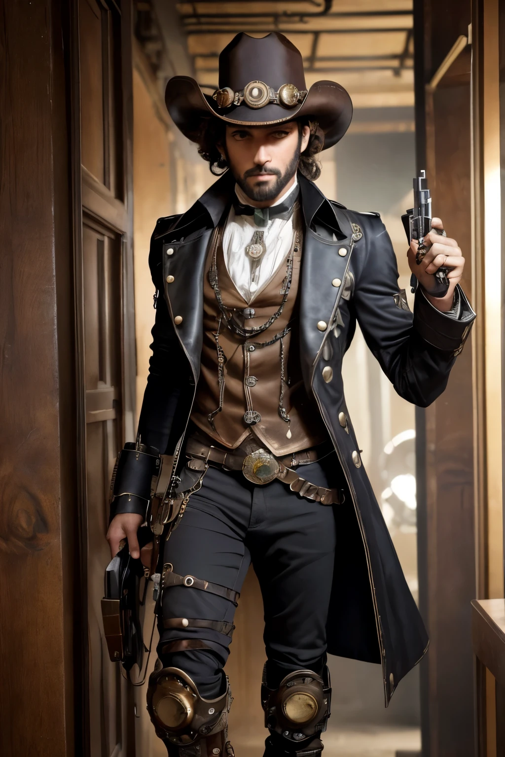 um personagem com design steampunk, com próteses mecânicas no lugar da mão esquerda, prótese na perna esquerda, um olho mecânico, um ciborgue carregando uma pistola no coldre e usando roupas de cowboy, versão sww, personagem steampunk, ciborgue steampunk, personagem masculino