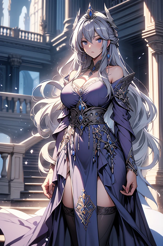 highres, masterpiece, 1girls, gray hair, blue eyes, legwear, huge breasts, dress, robe, royal robe, layered dress, v-neck, (pelvic curtain), long hair, mature female, (thick thighs), standing, expressionless, tiara, castle in background, balcony, (thighhighs:1.2), purple dress