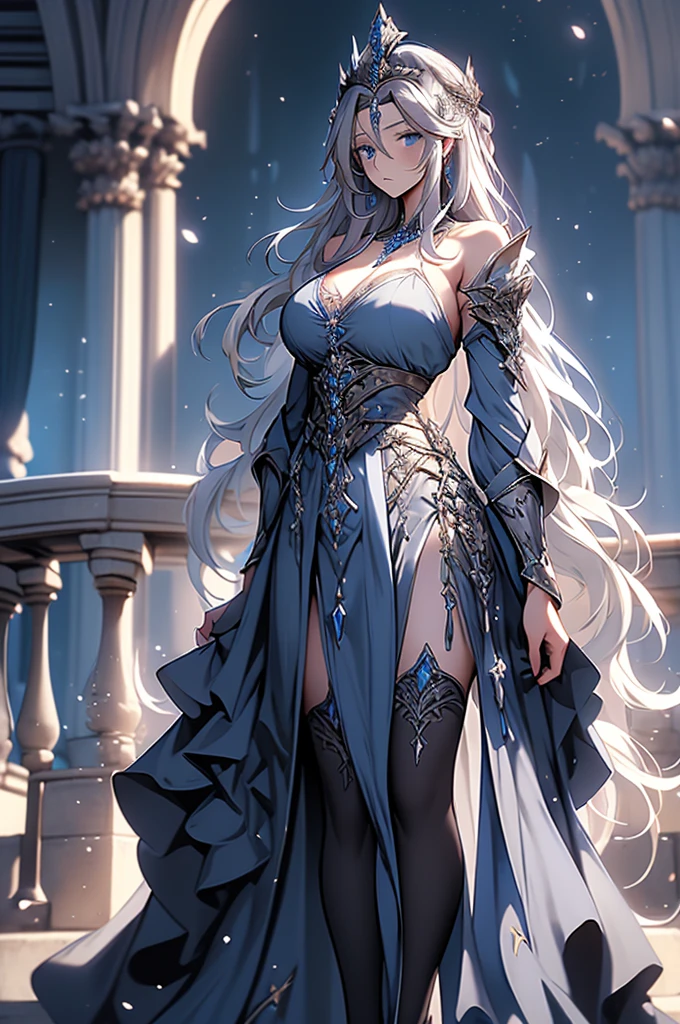 highres, masterpiece, 1girls, gray hair, blue eyes, legwear, huge breasts, dress, robe, royal robe, layered dress, v-neck, (pelvic curtain), long hair, mature female, (thick thighs), standing, expressionless, tiara, castle in background, balcony, (thighhighs:1.2), blue dress, (side view)