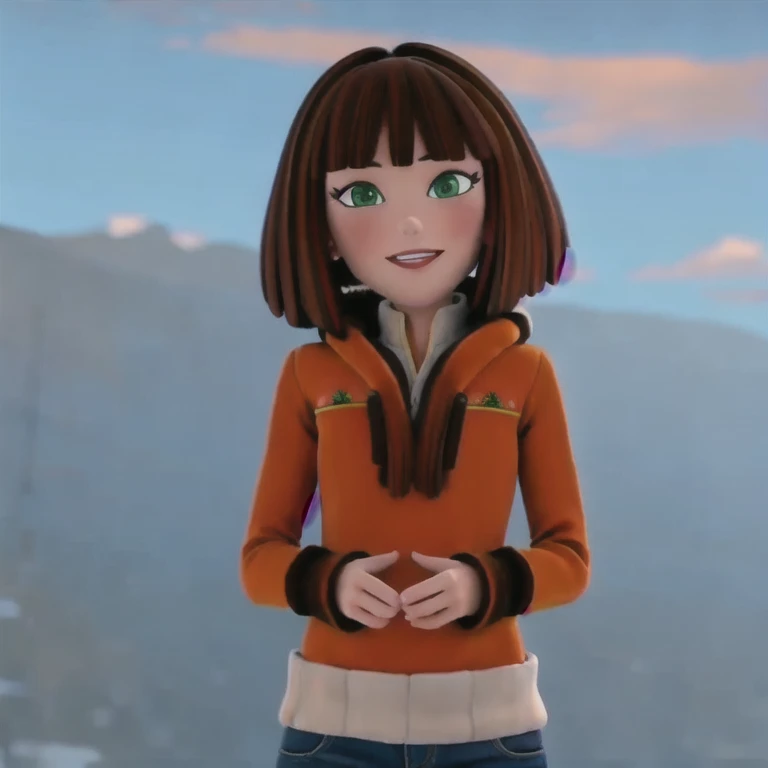 (masterpiece, best quality:1.2), 1girl, solo, russian girl, brown hair, bang, short hair, smile, green eyes, mole, winter sweater, (orange winter sweater:1.2), black sleeves, long sleeves, (cowboy shot:1.3), looking at viewer,