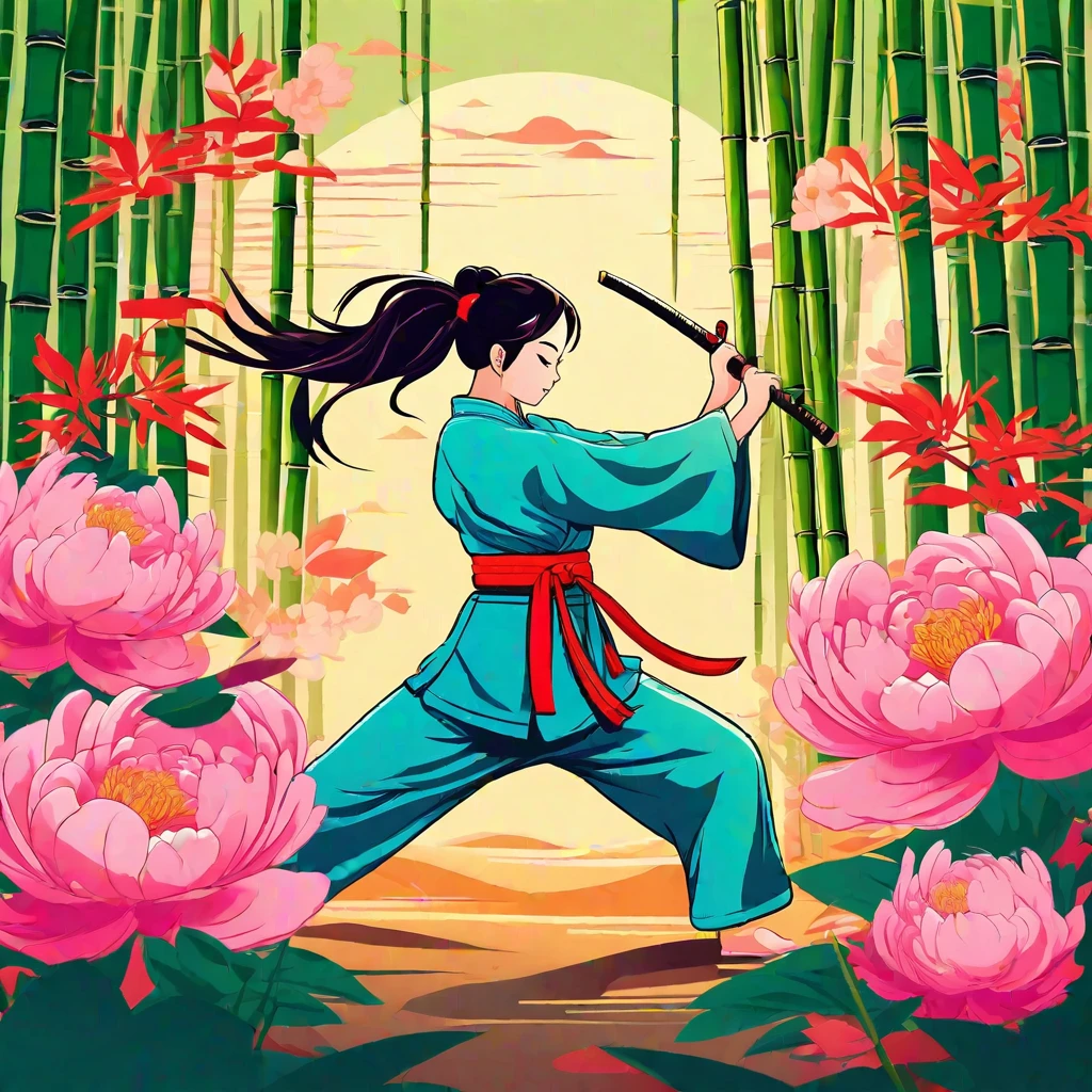 desenho animado fofo, Chinese Artes marciais, ilustração vetorial, 1 garota, floresta de bambu, Artes marciais, pose energética, segurando uma espada longa, roupas coloridas, estilo tradicional, Apresentando peônias e ondas, floresta de bambu environment is quiet and lush, talos de bambu altos, luz solar brilhando através das folhas lançadas pela luz solar manchada, uma clareira, um campo de prática, Vector Artes marciais illustration