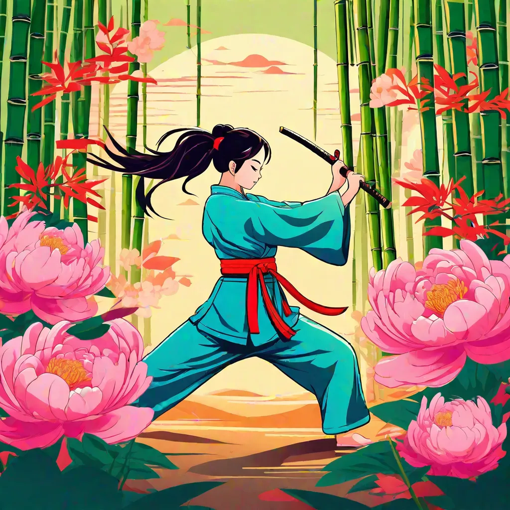 Cute cartoon, Chinese martial arts, vector illustration, 1girl, bamboo forest, martial arts, energetic pose, holding long sword,...