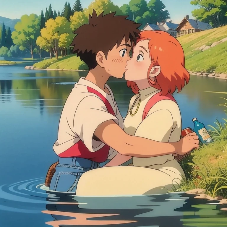 Ghibli, hermosa chica, (obra maestra, mejor calidad:1.6), Colores vibrantes, pareja besándose dentro de una botella en un río, Niña y niño