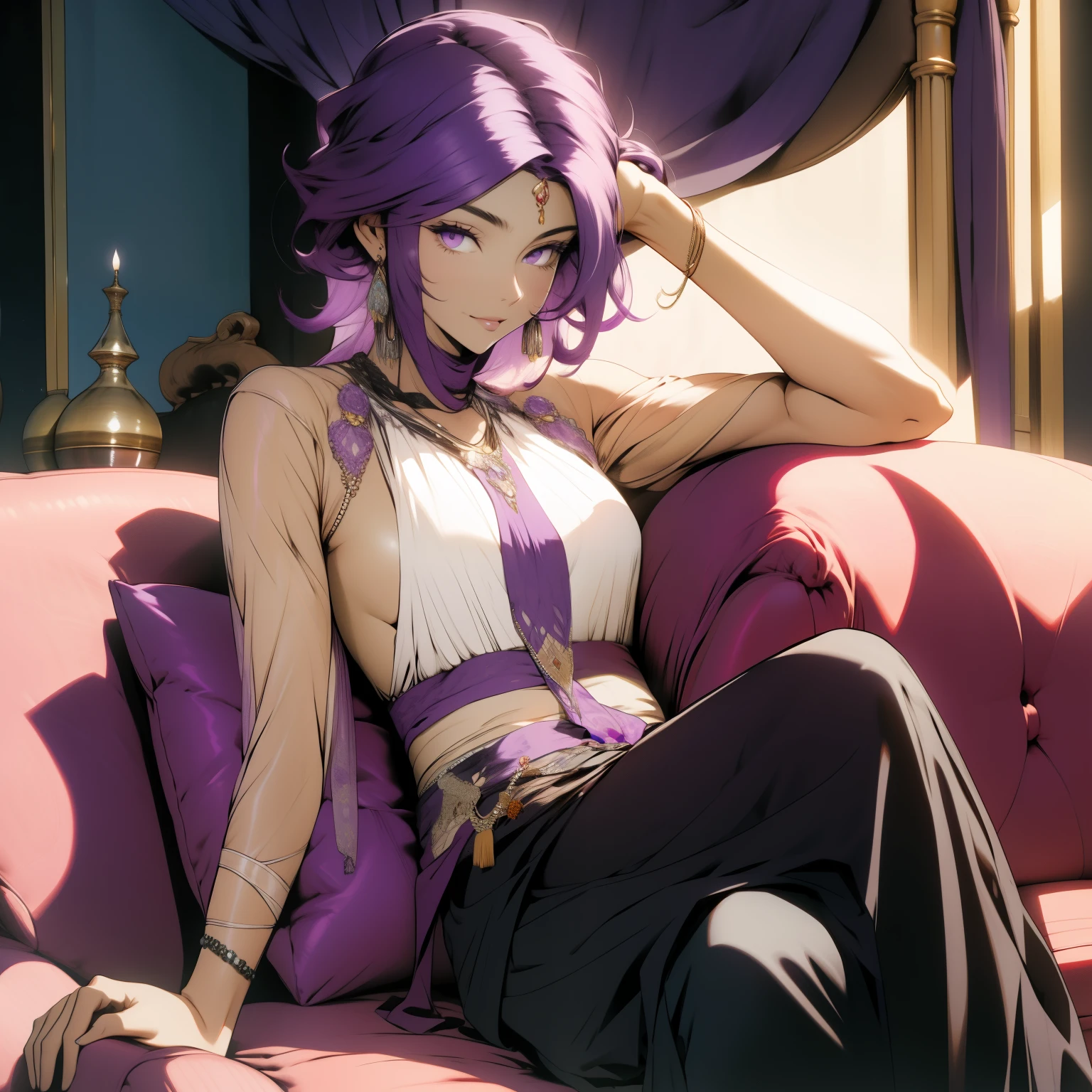 A 30-year-old woman dressed in Arab dress, purple hair, purple eyes, is sitting on a red sofa in a luxurious room of an Arab palace.