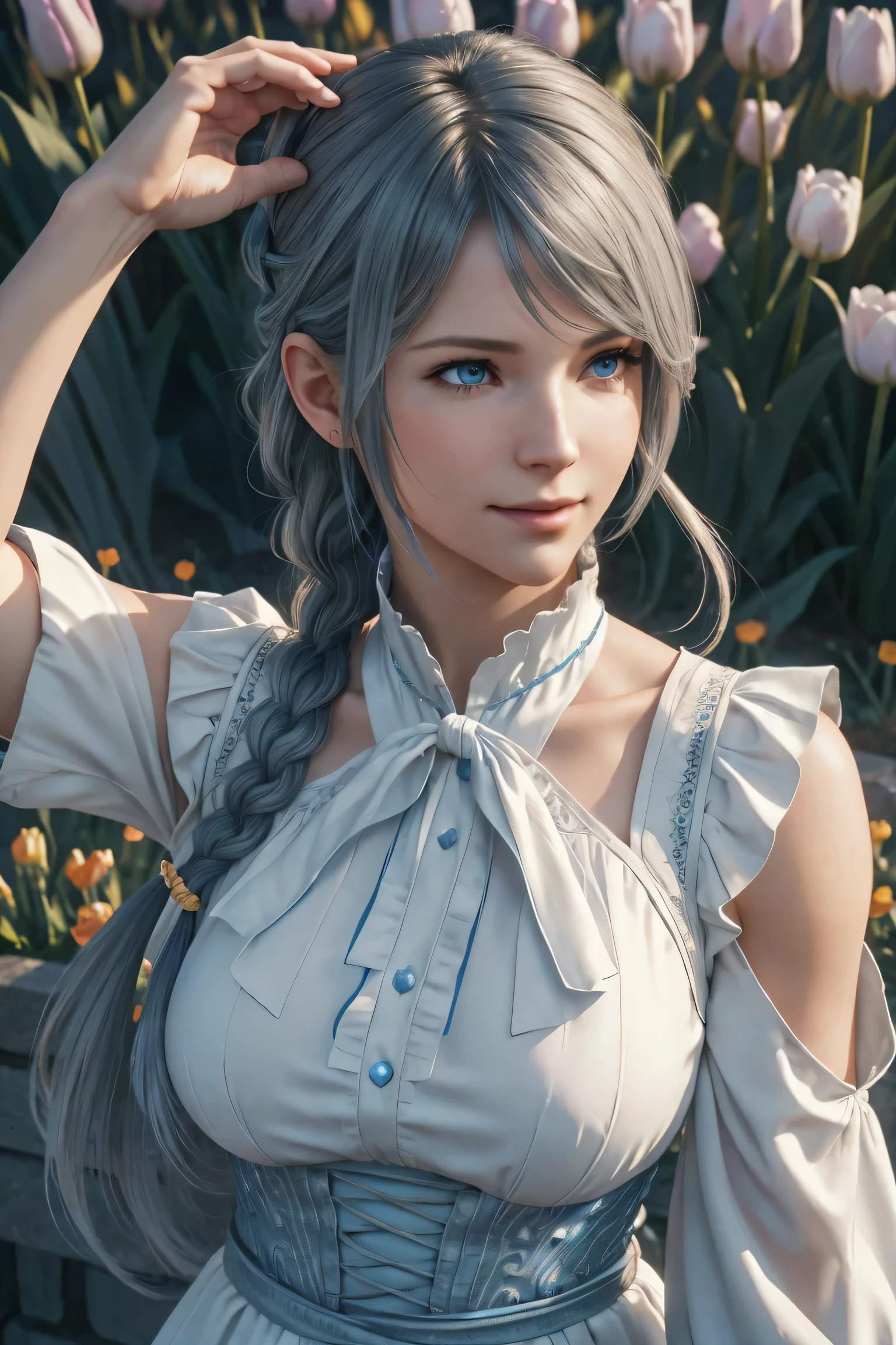 Jill Warrick,Final Fantasy 16,FF16,silver hair,long hair,Take down your bangs,1 long braid,beautiful blue eyes,white skin,white ruffle shirt,corn vest,blue ribbon around neck,super high quality,super high quality,masterpiece,digital single lens reflex,realistic,Detailed details,vivid details,depicted in detail,detailed face,Detailed details,Super detailed,realistic skin texture,based on anatomical basis,perfect anatomy,anatomically correct hand,anatomically correct fingers,Complex 3D rendering,Huge ,sexy pose,beautiful tulip field,Final Fantasy Worldview,fantastic morning sun,Amazing blue sky,beauty like a painting,smile,