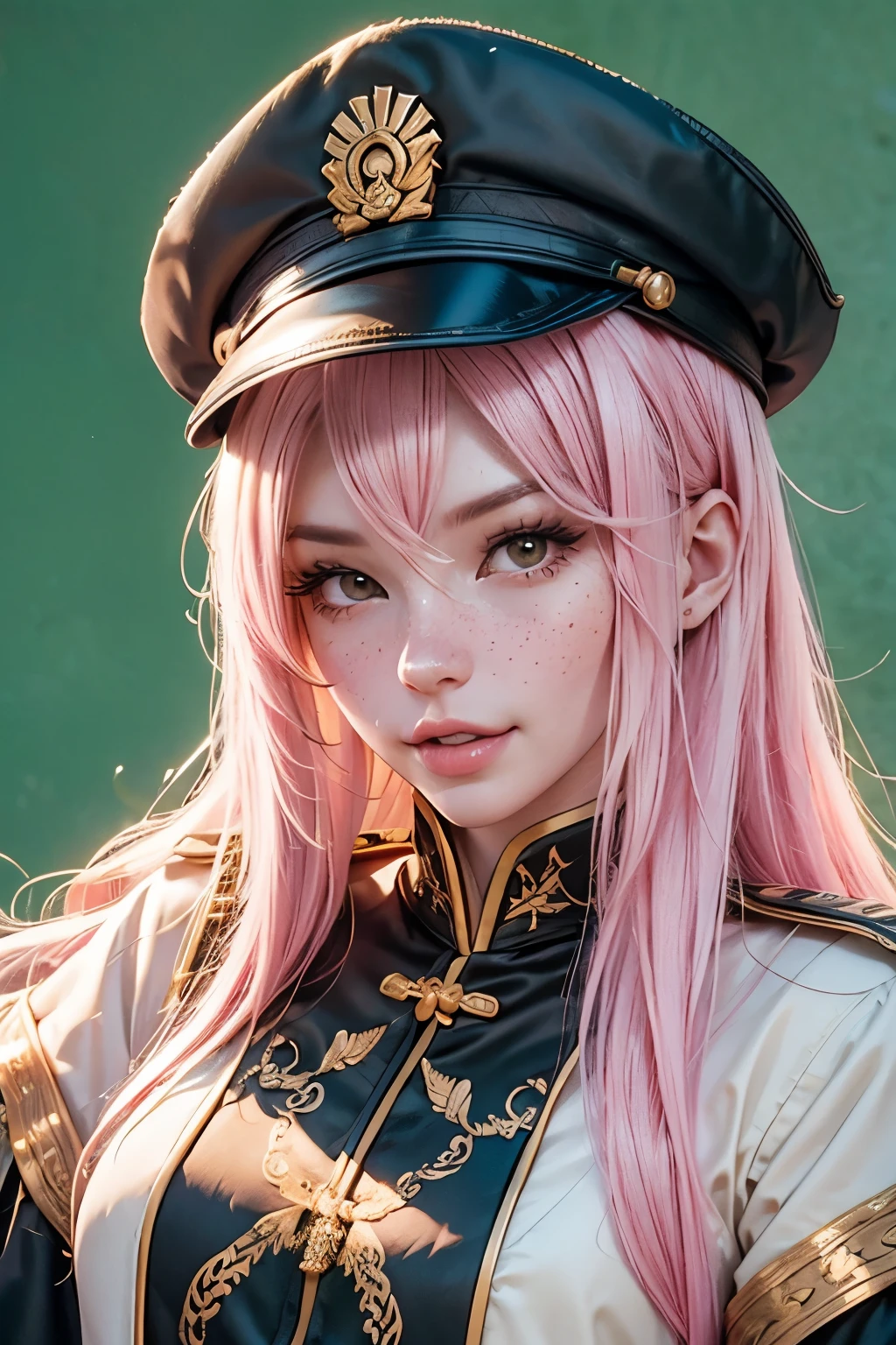 Chinese emperor, 1girls, pink hair, green eyes, freckles, small breasts, skinny, black hat, no beard, about 30 years old, face relatively large, brown silk solid color simple official uniform, thin color dragon texture embroidered with openwork embroidery on the clothes, realistic face close-up, character photography, solid color simple background, ambient light, background light, Tyndall light