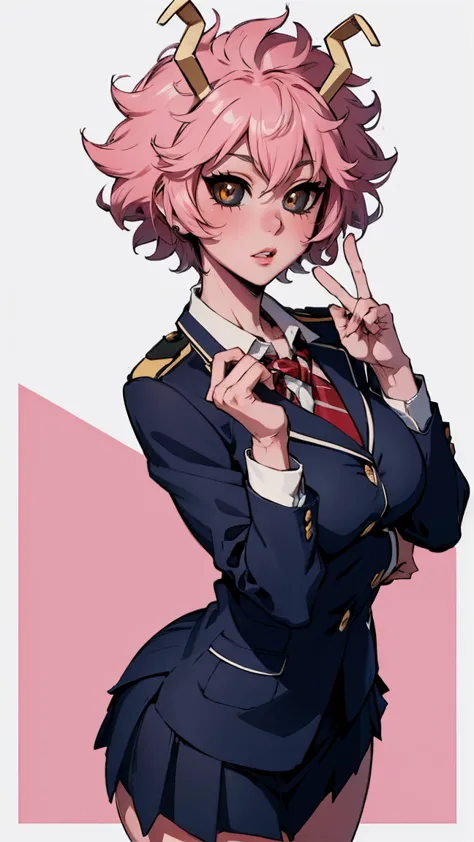 (best quality:1.3), (4k quality), 1 mature woman, mina ashido by boku no hero, school uniform, ((detailed face)), (blush), whole...