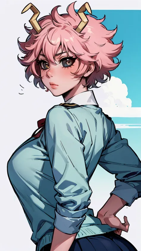 (best quality:1.3), (4k quality), 1 mature woman, mina ashido by boku no hero, school uniform, ((detailed face)), (blush), backw...