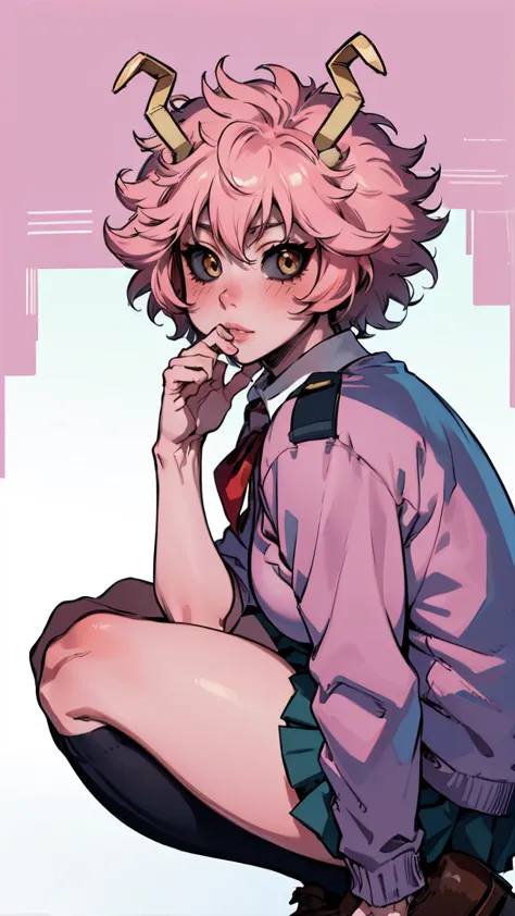 (best quality:1.3), (4k quality), 1 mature woman, mina ashido by boku no hero, school uniform, ((detailed face)), (blush), backw...