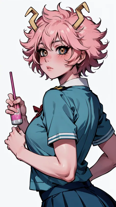 (best quality:1.3), (4k quality), 1 mature woman, mina ashido by boku no hero, school uniform, ((detailed face)), (blush), backw...