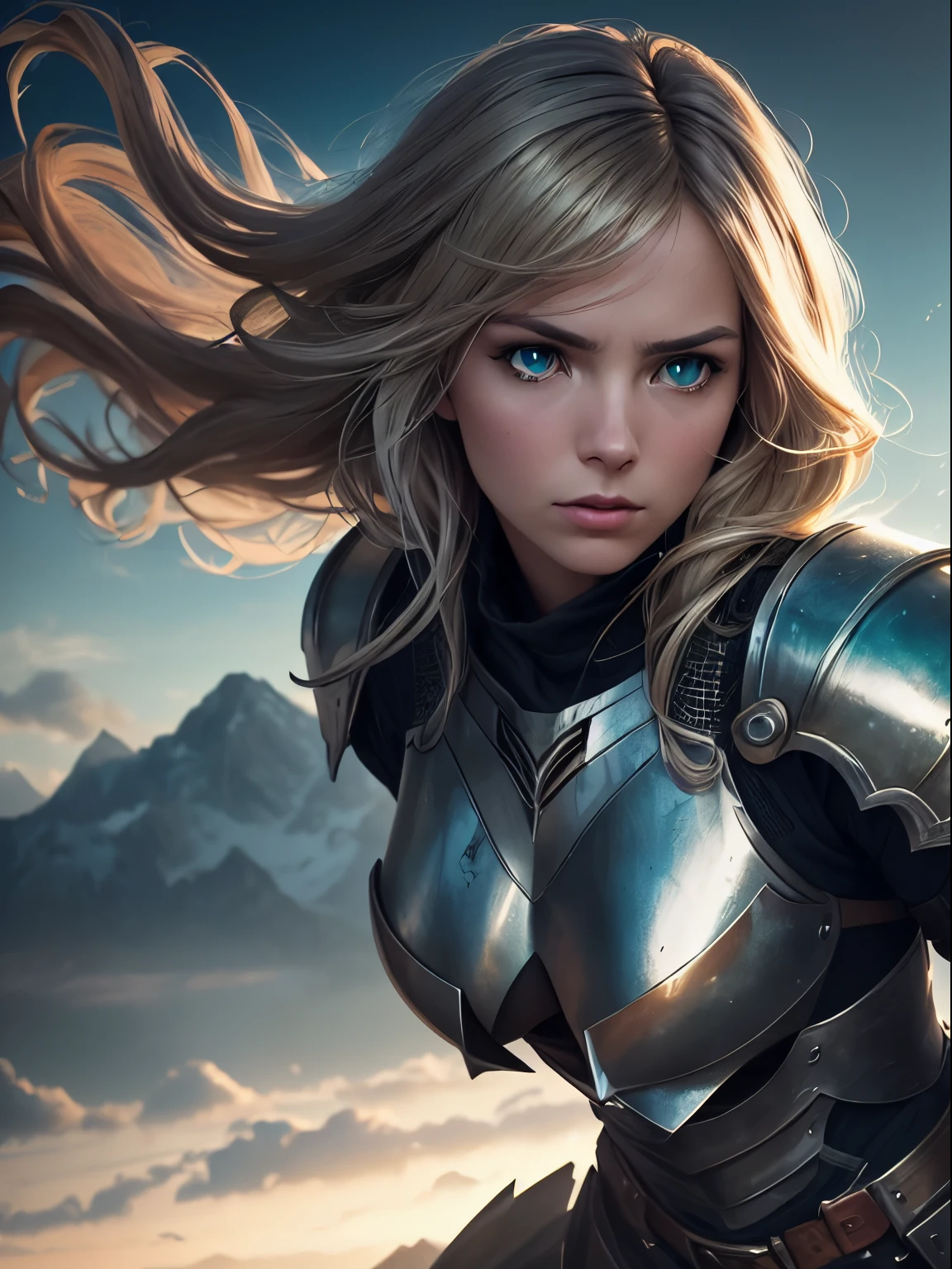 ((Best Quality, 8k, Sharp Focus, Masterpiece: 1.2, Cinematic Light, fantastic beauty a women, Detailed face Textures, realistic skin, detailed bangs)), mountain background at dawn, ((detailed Full body Metal Armor)), ((metal reflections:1.4)), detailed divine pale blonde hair, long wavy messy hair, wind, light fog, devil's castle, detailed Green eyes with blue light radiation , sense of determination Courageous face, final battle, absurdity, cowboy shot