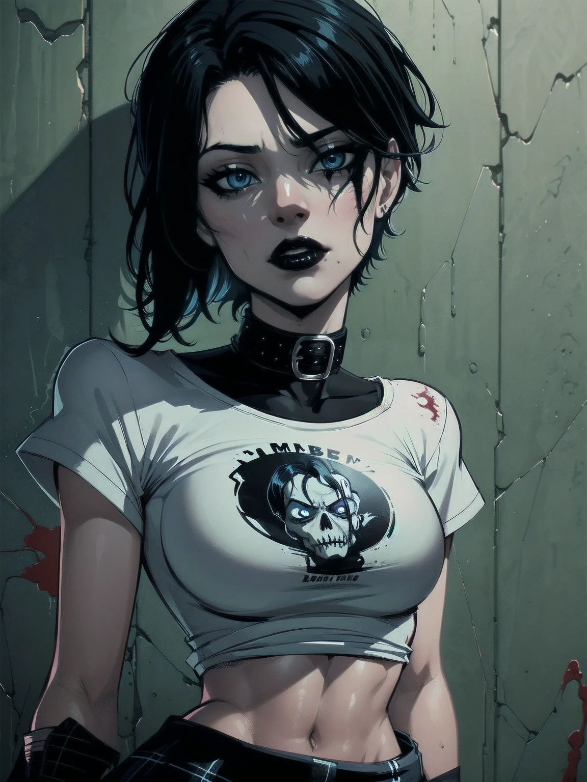 a woman with short black hair, hair on shoulders,  wearing a red t-shirt  and plaid skirt, blue eyes, zombie art, gothic art, cute aesthetic with vibe, toon aesthetic, wearing red costume, wearing gothic accessories, look like Cassie Hack, upper body, horror background